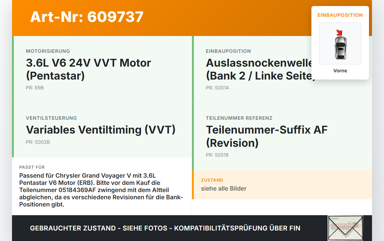 Chrysler Grand Voyager V 3,6 208KW ERB Nockenwelle Auslass Vorne Chrysler Grand Voyager V 09.09.2011 05184369AF... Vorschau 3