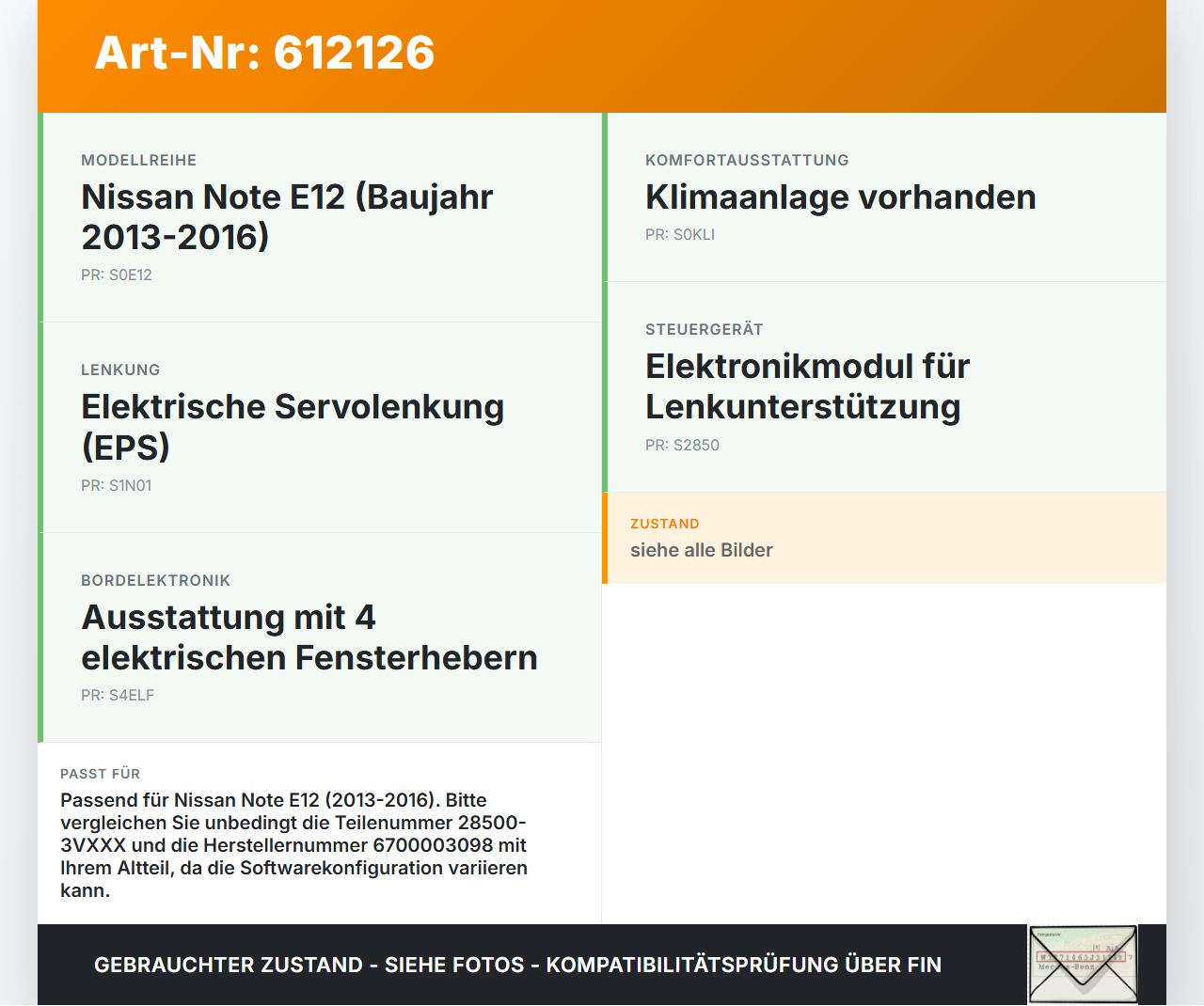 Nissan Note E12 13-16 Steuergerät für Lenkhilfe Lenkung Nissan Note E12 13-16 10.08.2013 28500-3VXXX 6700003098... Vorschau 3