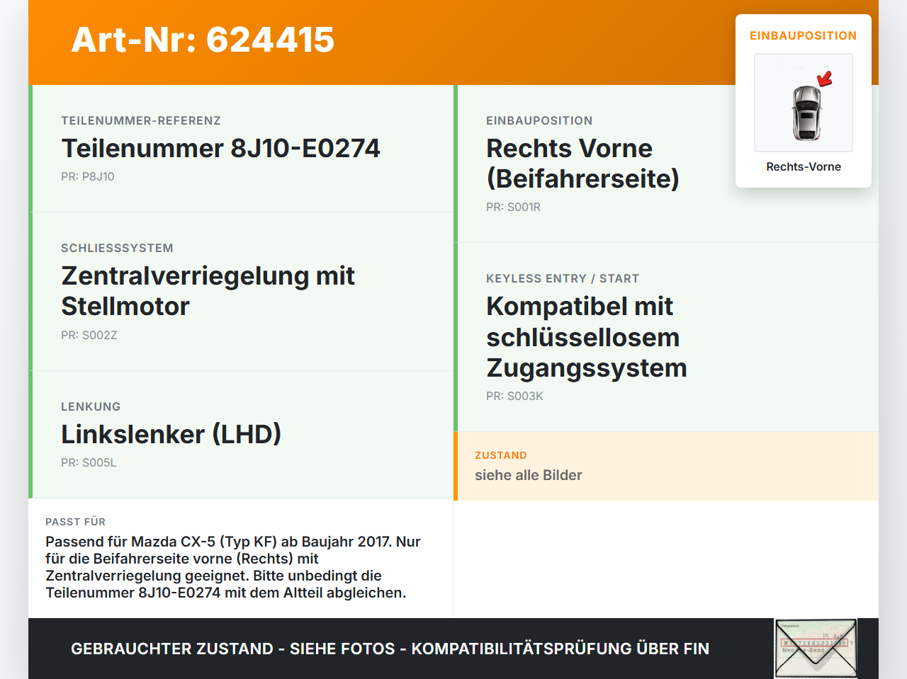 Mazda CX-5 KF ab17 Türschloss m. ZV Stellmotor Rechts Vorne Mazda CX-5 KF ab17 28.01.2019 8J10-E0274 gebraucht Vorschau 3