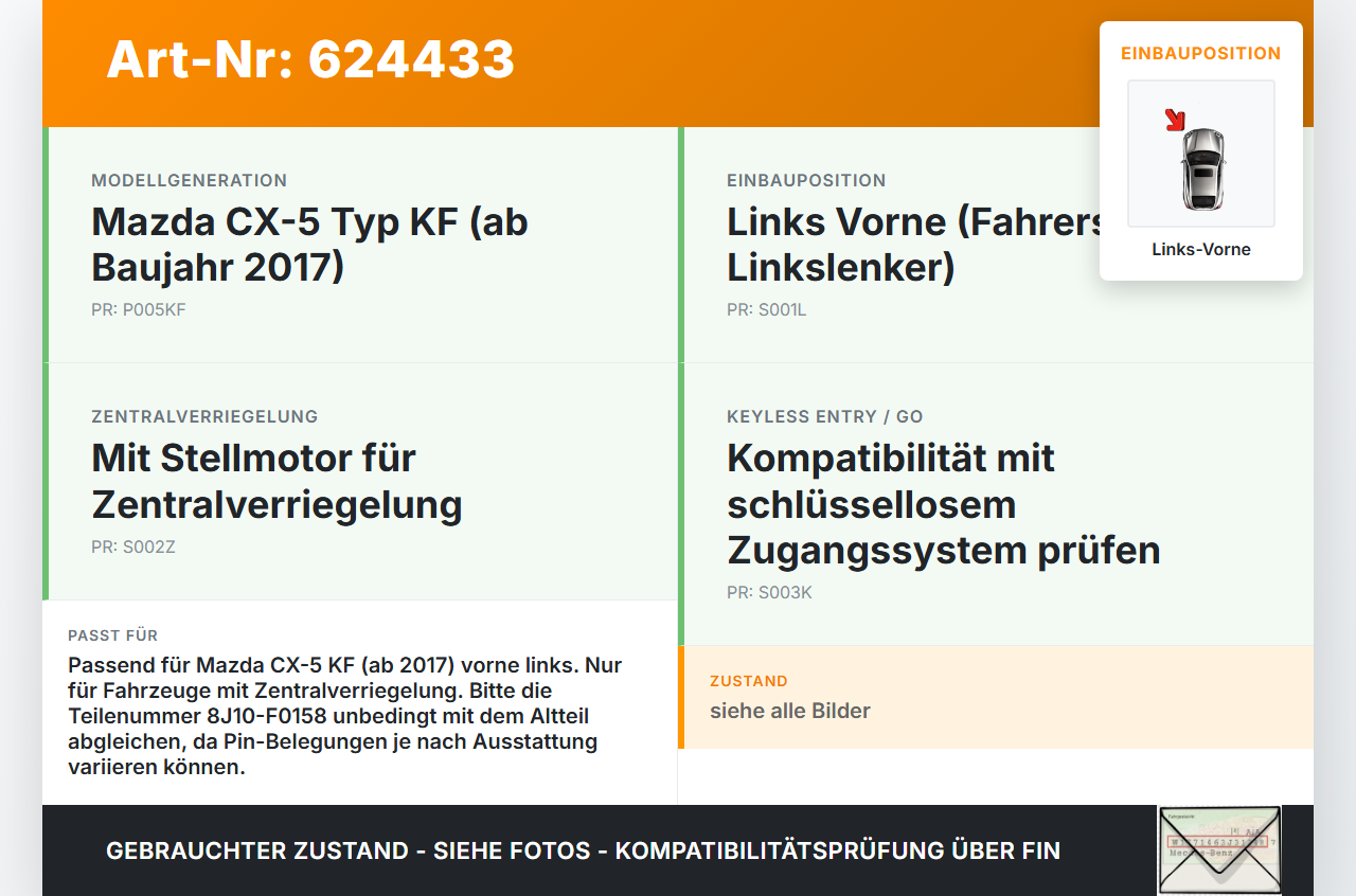 Mazda CX-5 KF ab17 Türschloss mit ZV Stellmotor Links Vorne Mazda CX-5 KF ab17 28.01.2019 8J10-F0158 gebraucht Vorschau 3