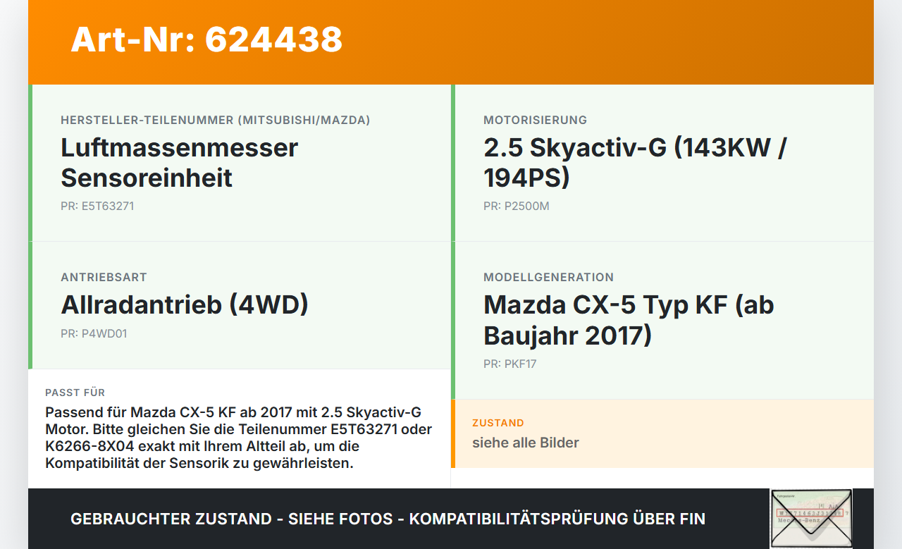 Mazda CX-5 KF ab17 Sky 2,5 143KW Luftmassenmesser Mazda CX-5 KF ab17 28.01.2019 E5T63271 K6266-8X04 gebraucht Vorschau 3