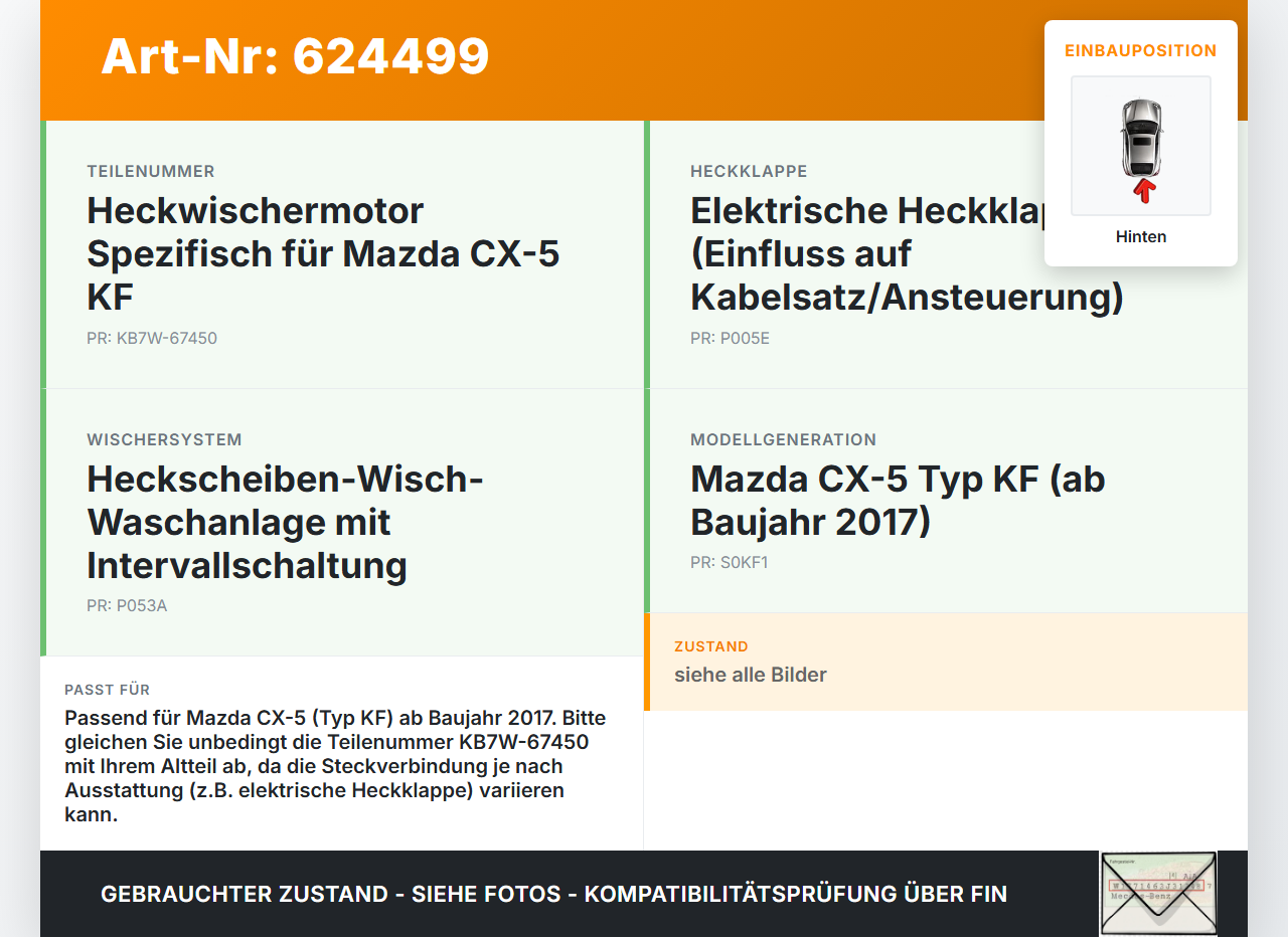 Mazda CX-5 KF ab17 Wischermotor Hinten Heckwischermotor Mazda CX-5 KF ab17 28.01.2019 KB7W-67450 849600-1090 gebraucht Vorschau 3