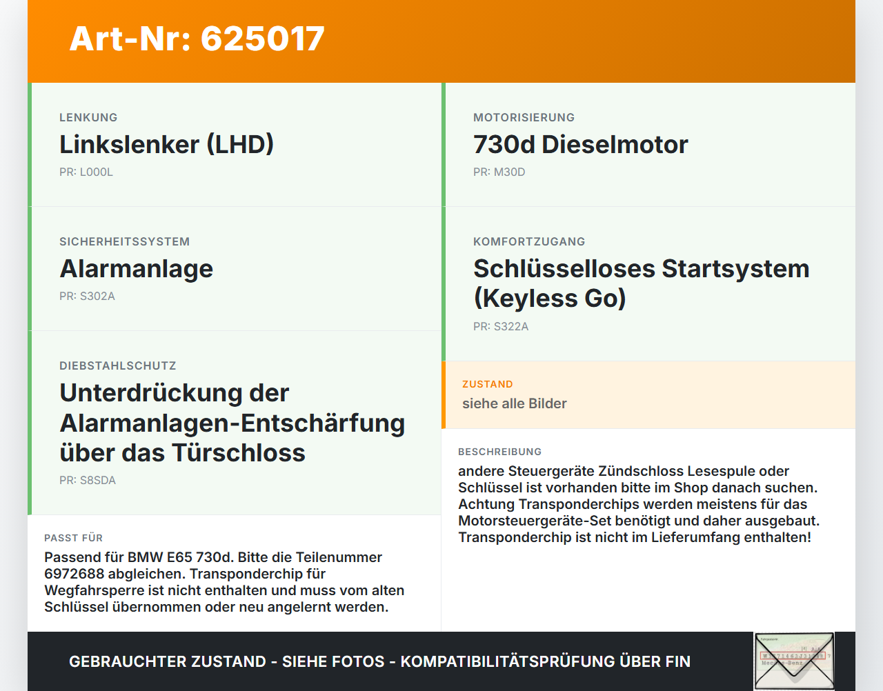 BMW E65 730d 05-08 IGNITION CARD Zündschloss Schlüssel BMW E65 730d 05-08 15.07.2006 61.32-6972688 6972688... Vorschau 3