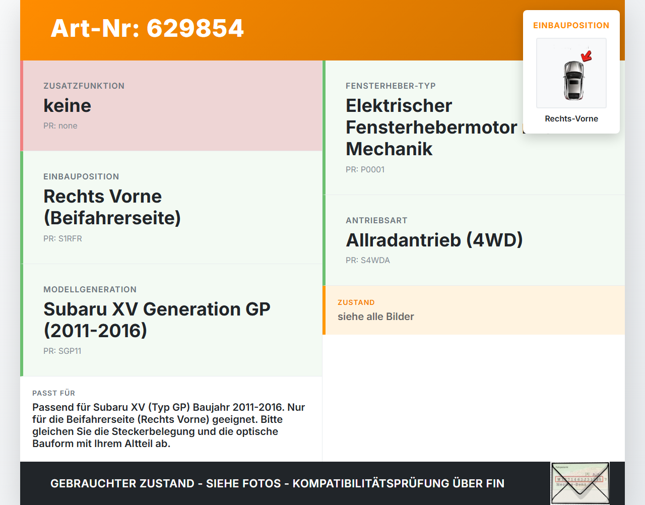 Subaru XV GP 11-16 Fensterhebermotor mit Fensterheber Rechts Vorne Subaru XV GP 11-16 13.03.2012 gebraucht Vorschau 3