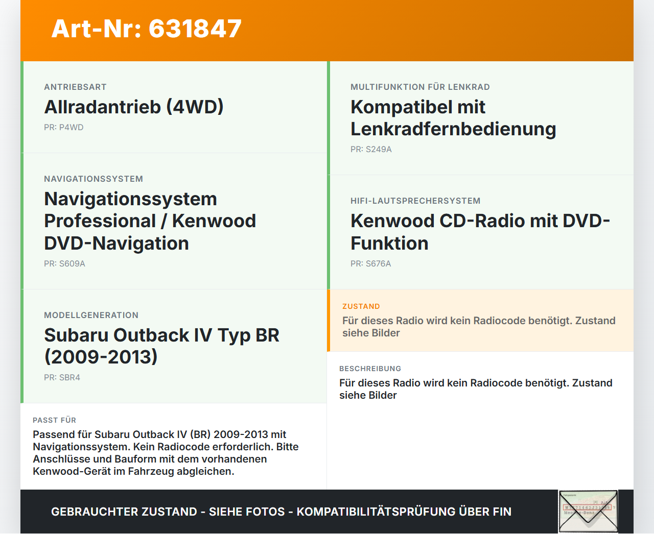 Subaru Outback IV BR 09-13 Kenwood Autoradio CD-Radio DVD Navi Rechner Subaru Outback IV BR 09-13 18.11.2010... Vorschau 3