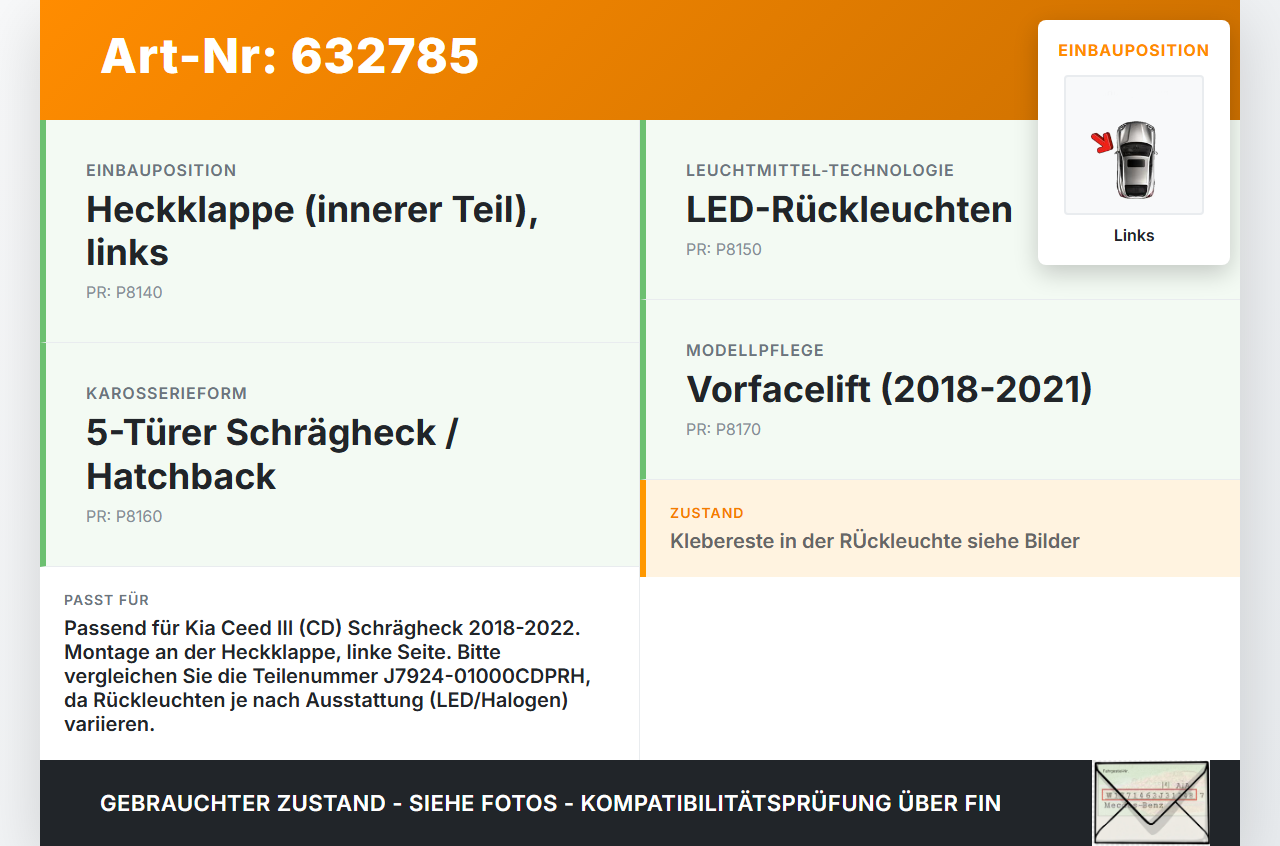 Kia Ceed III CD 18-22 Rückleuchte Heckleuchte für Klappe Links Kia Ceed III CD 18-22 19.06.2019 J7924-01000CDPRH... Vorschau 3