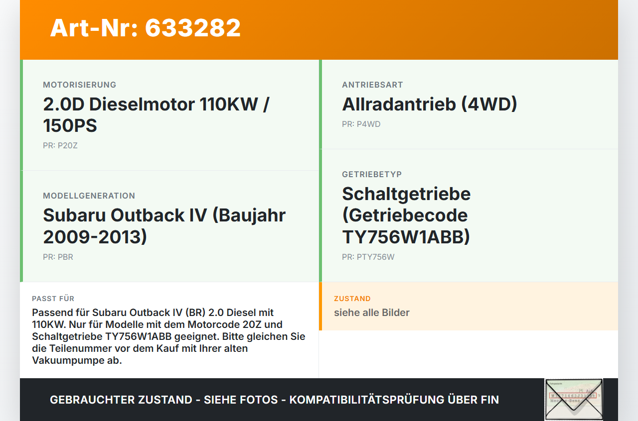 Subaru Outback IV BR 09-13 2,0D 110KW 20Z Unterdruckpumpe Vakuumpumpe Subaru Outback IV BR 09-13 18.11.2010 gebraucht Vorschau 3