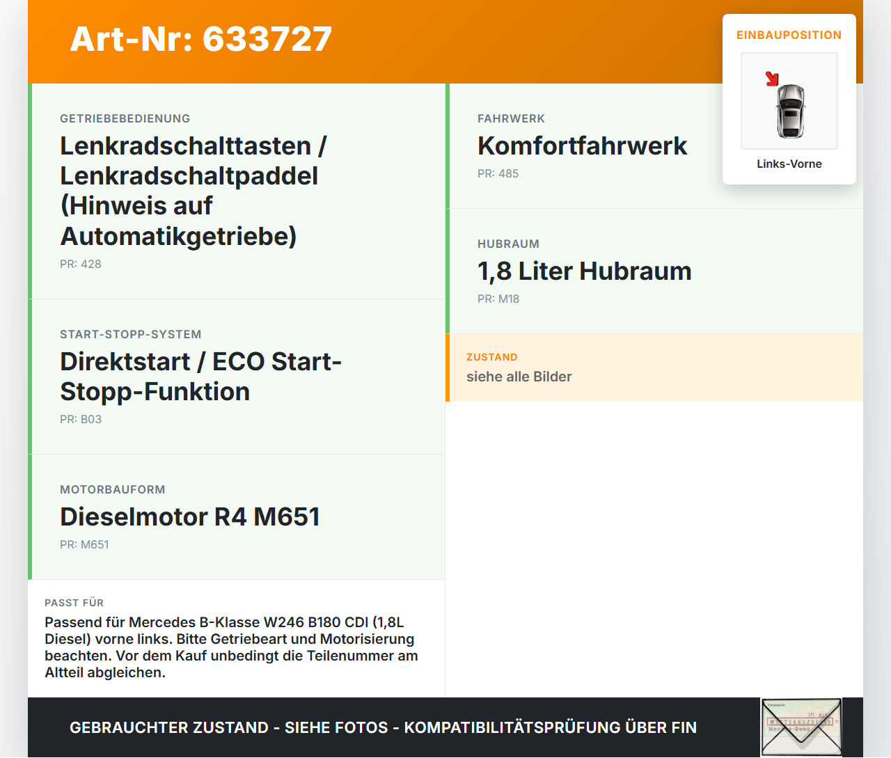 Mercedes W246 B180 11-14 CDI 1,8 80KW Autom Antriebswelle Gelenkwelle Gelenksatz Links Vorne Mercedes W246 B180... Vorschau 3