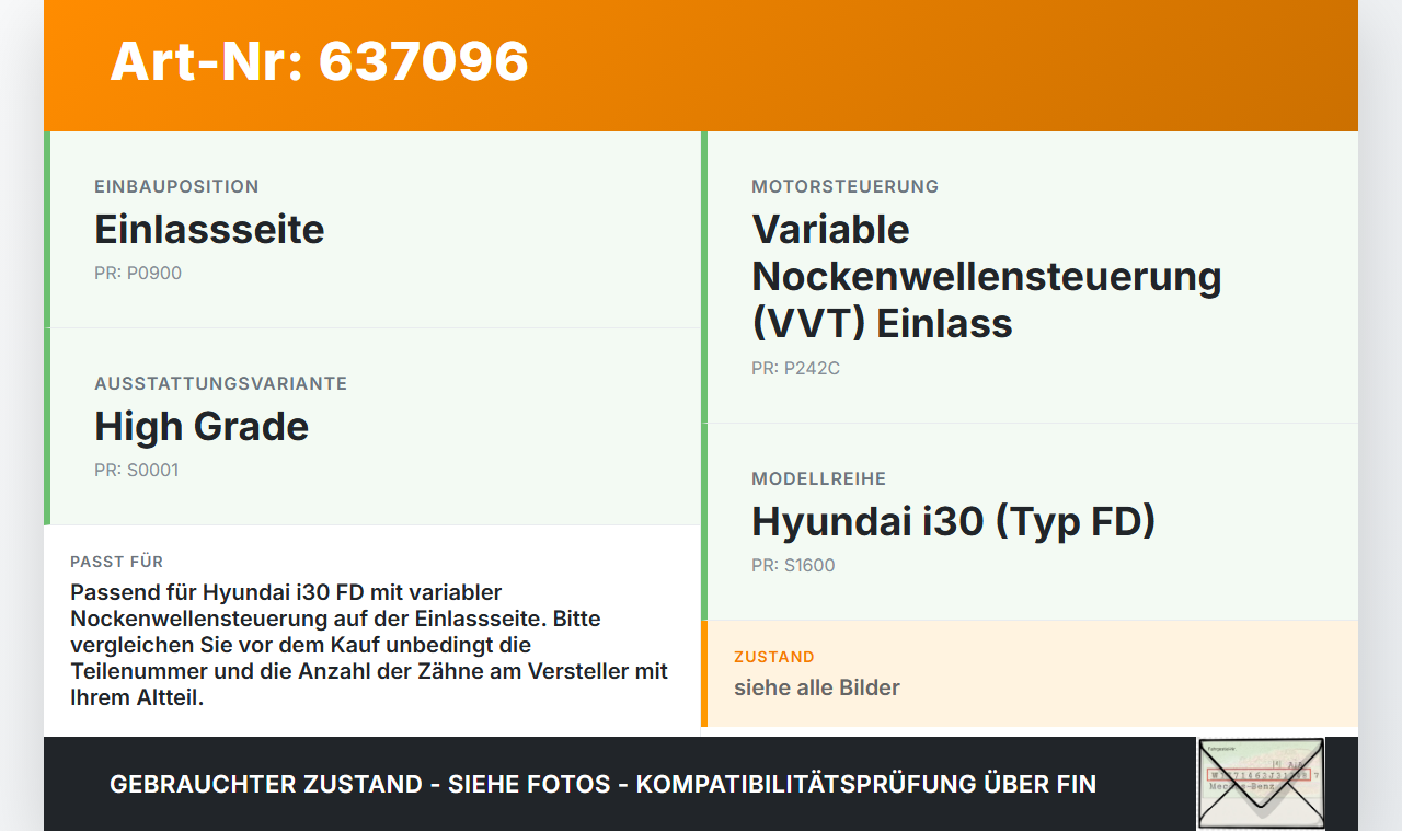 Hyundai I30 FD 07-10 MPI 1,6  MF95 G4FC Nockenwellenverstellung Nockenwelle Verstellung Einlass Hyundai I30 FD... Vorschau 3