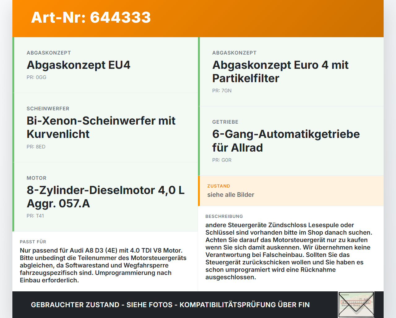 Audi A8 D3 4E 02-05 TDI 4,0 202KW Motor Steuergerät ECU Motorsteuergerät Pos.1 Audi A8 D3 4E 02-05 12.12.2003... Vorschau 3
