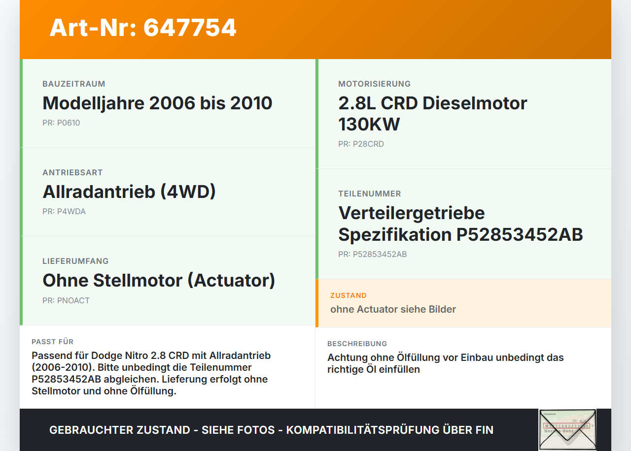 Dodge Nitro 06-10 CRD 2,8 130KW 4WD Verteilergetriebe Getriebe Dodge Nitro 06-10 02.06.2008 P52853452AB... Vorschau 3