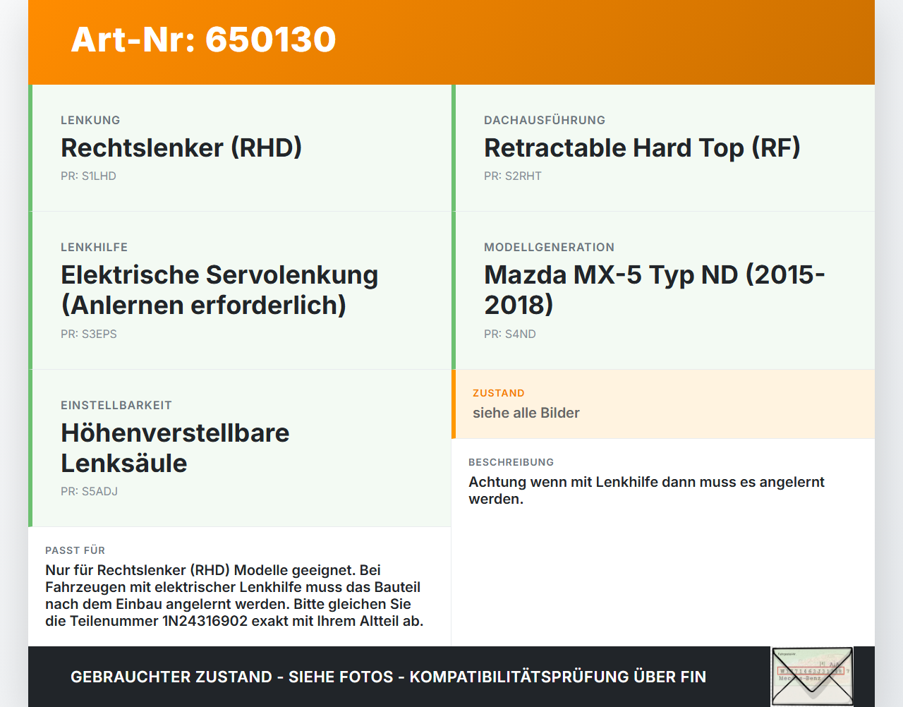 Mazda MX5 ND 15-18 Höhenverstellung für Lenksäule Mazda MX5 ND 15-18 01.03.2017 1N24316902 gebraucht Vorschau 3