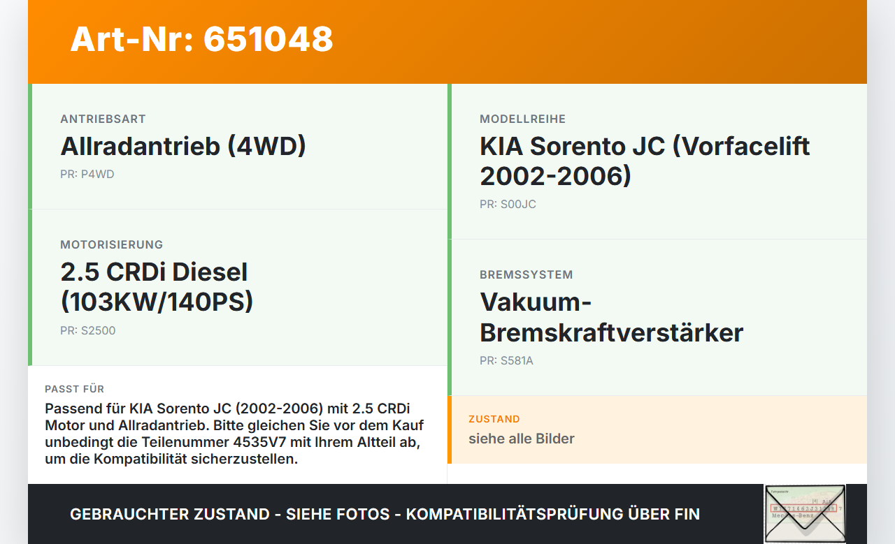 KIA Sorento JC I 02-06 CRDi 2,5 103KW Bremskraftverstärker KIA Sorento JC I 02-06 11.01.2005 03.7860-3401.4 4535V7... Vorschau 3
