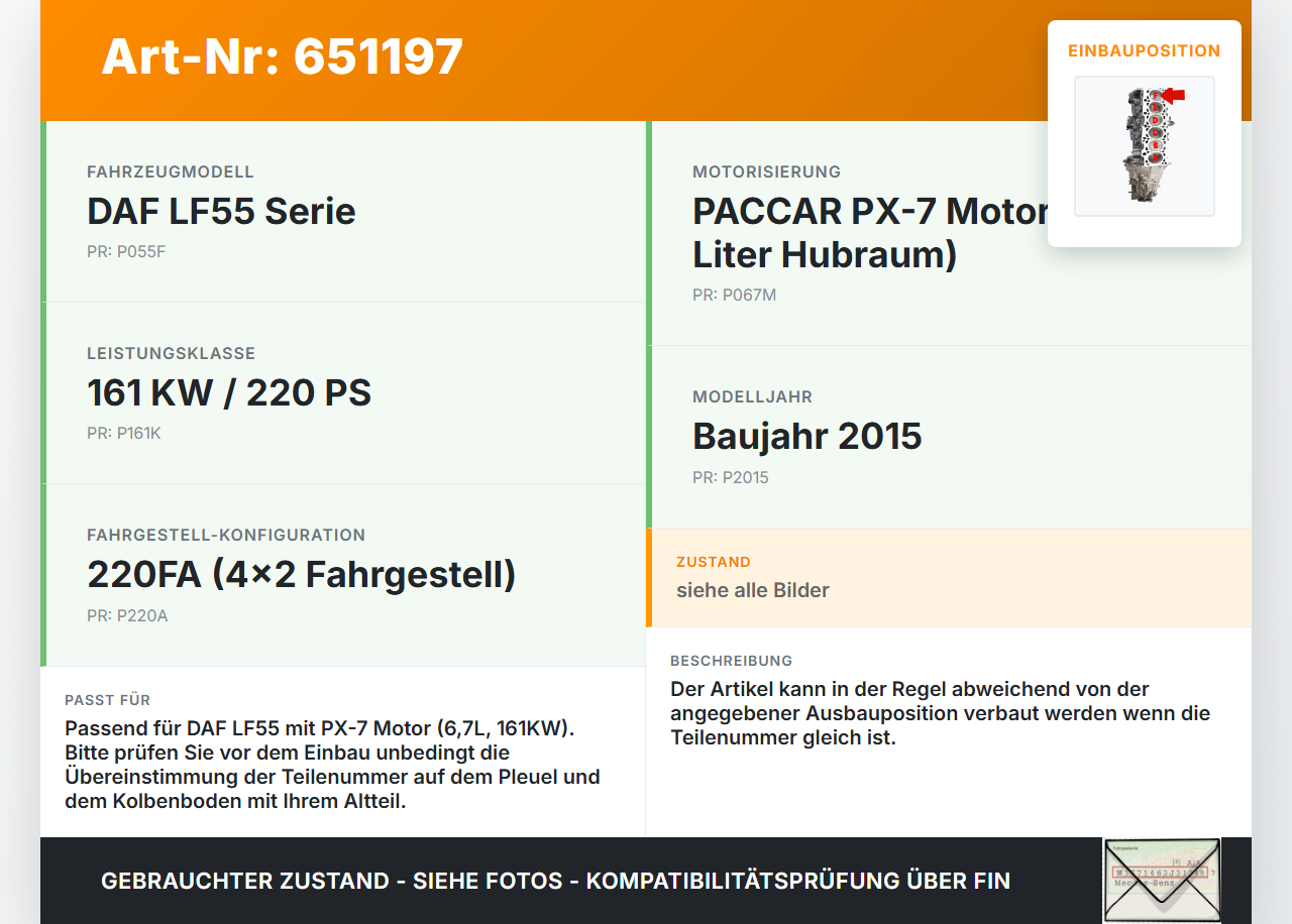 DAF LF55 220FA 2015 6,7 161KW PX-7 Kolben mit Pleuel Pos F DAF LF55 220FA 2015 24.03.2015 gebraucht Vorschau 3