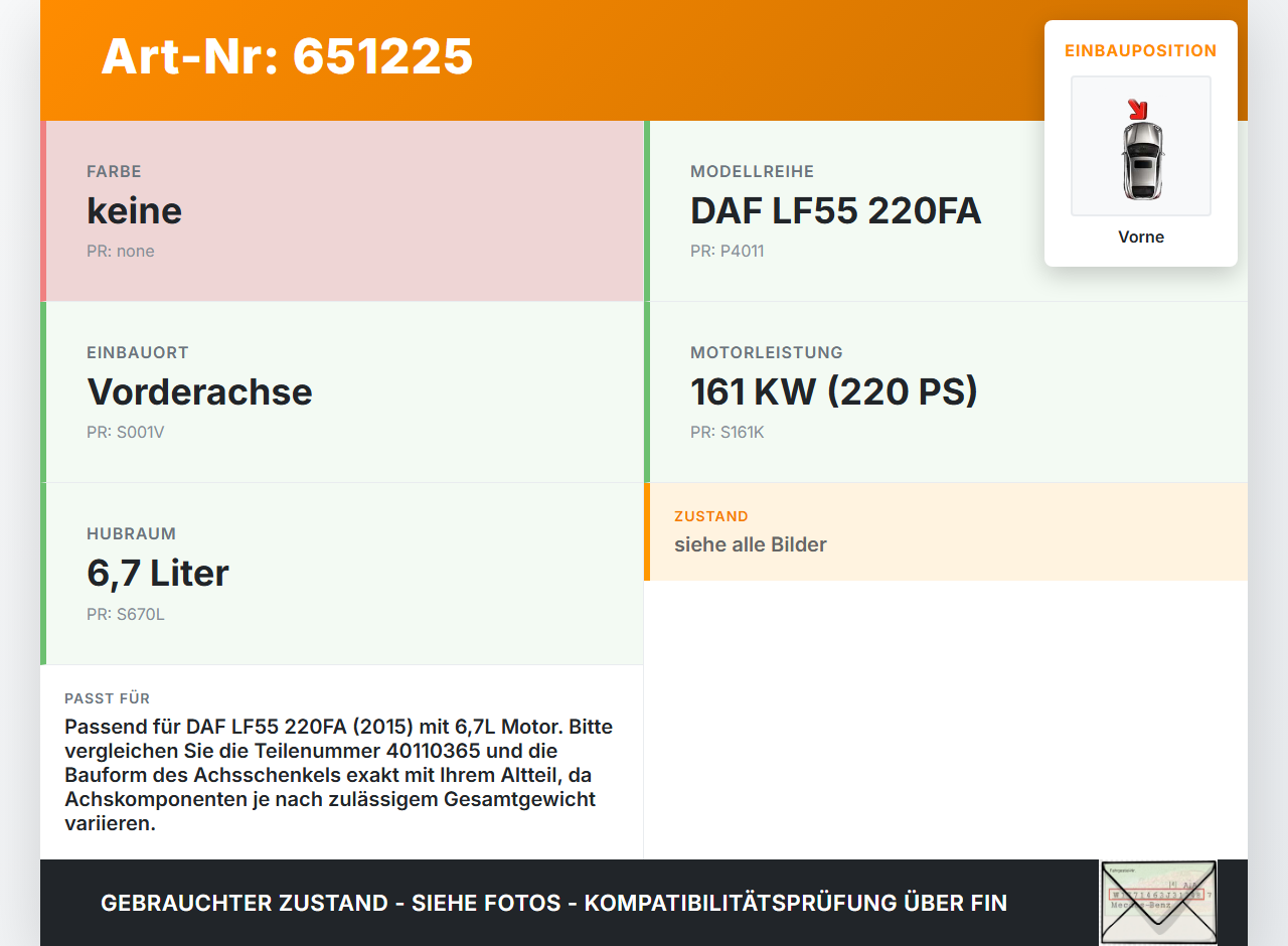 DAF LF55 220FA 2015 6,7 161KW Achsträger Vorderachse Achsschenkel Vorne DAF LF55 220FA 2015 24.03.2015 40110365... Vorschau 3