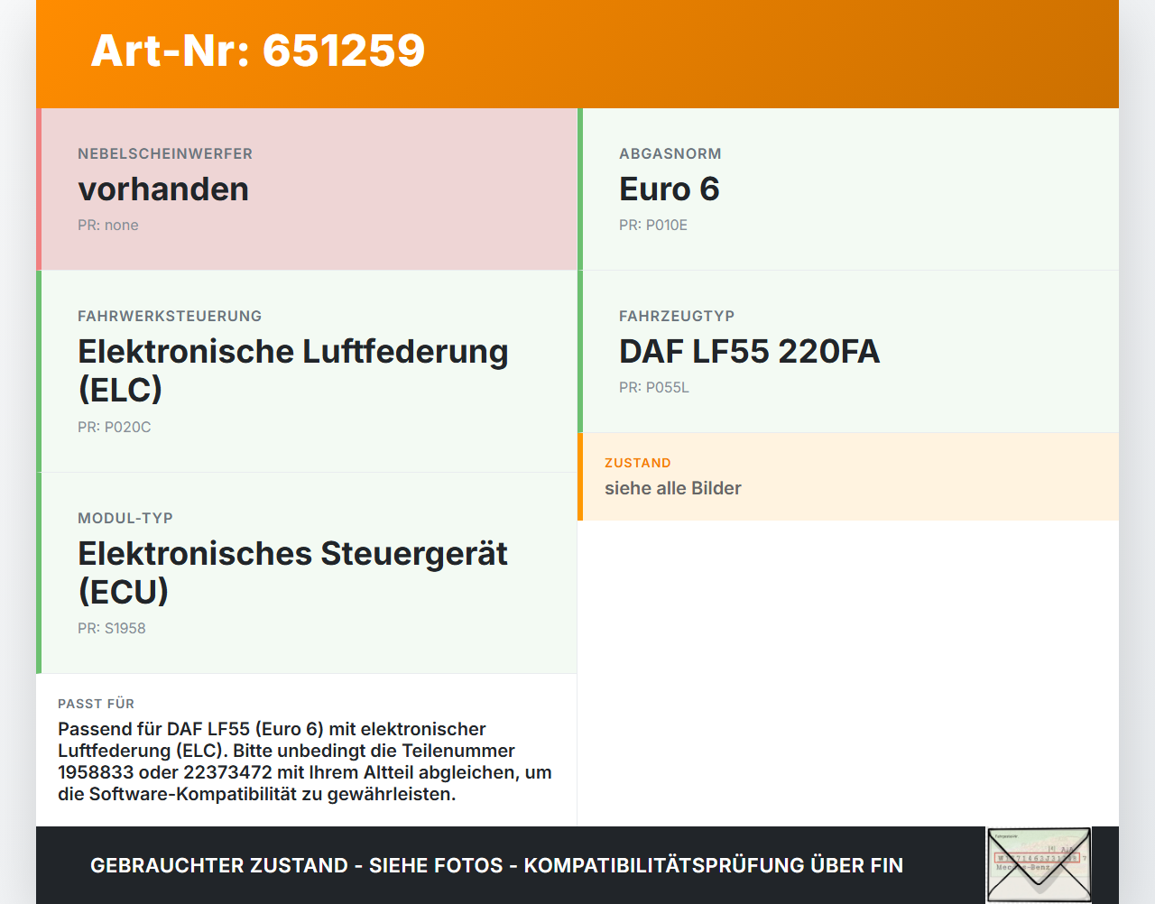 DAF LF55 220FA 2015 Steuergerät ECU Modul SG ELC Euro 6 DAF LF55 220FA 2015 24.03.2015 1958833 22373472 gebraucht Vorschau 3