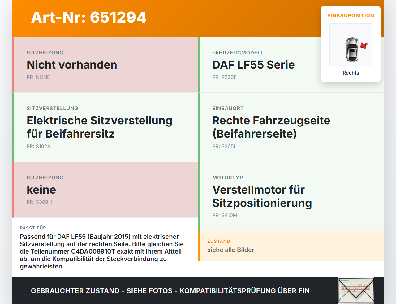DAF LF55 220FA 2015 Stellmotor für Elektr. Sitzverstellung Rechts DAF LF55 220FA 2015 24.03.2015 C4DA008910T gebraucht Vorschau 3