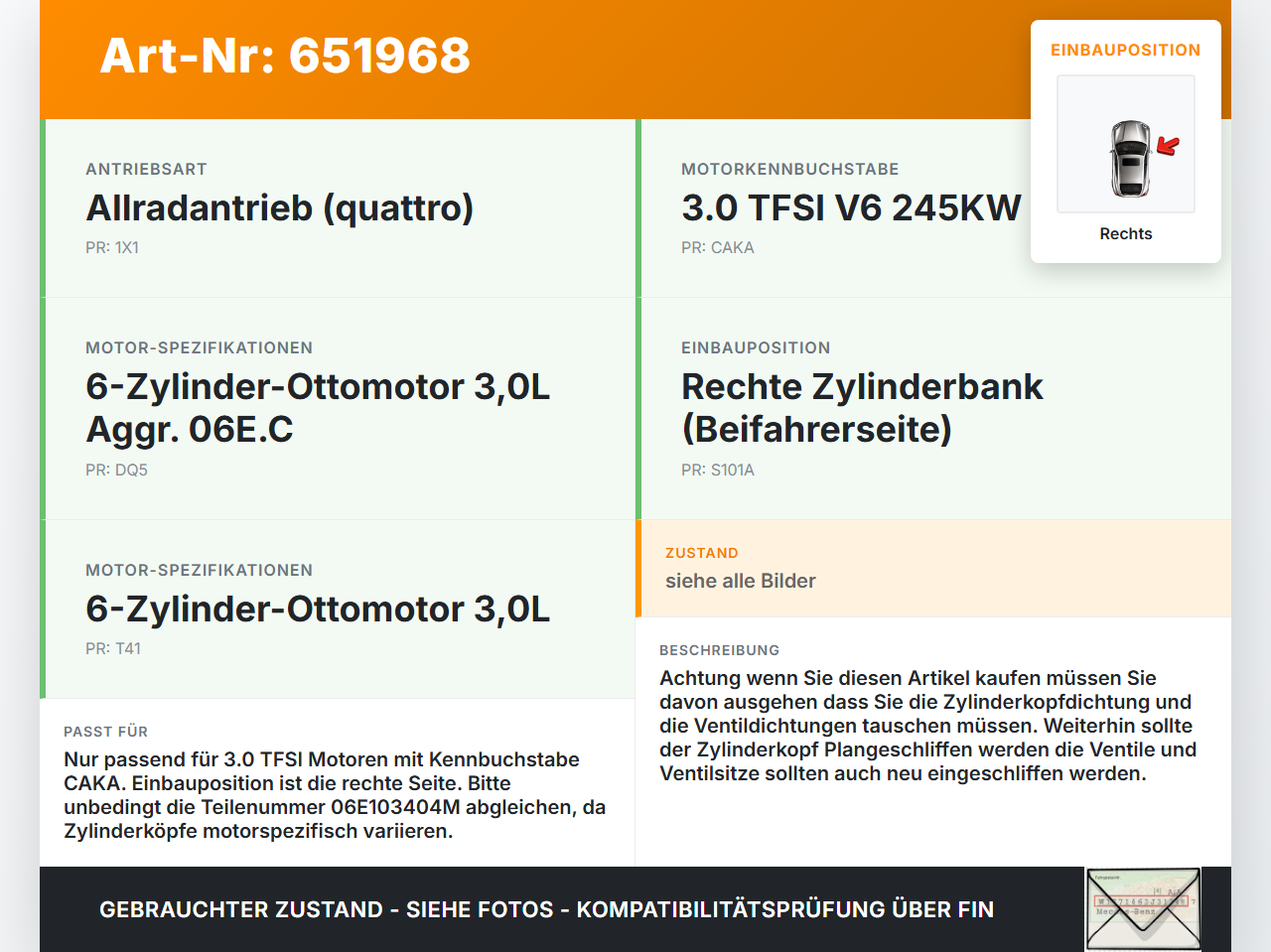 Audi S4 A4 8K B8 11-15 TFSI 3,0 245KW CAKA Zylinderkopf Rechts Audi S4 A4 8K B8 11-15 28.12.2011 06E103404M gebraucht Vorschau 3