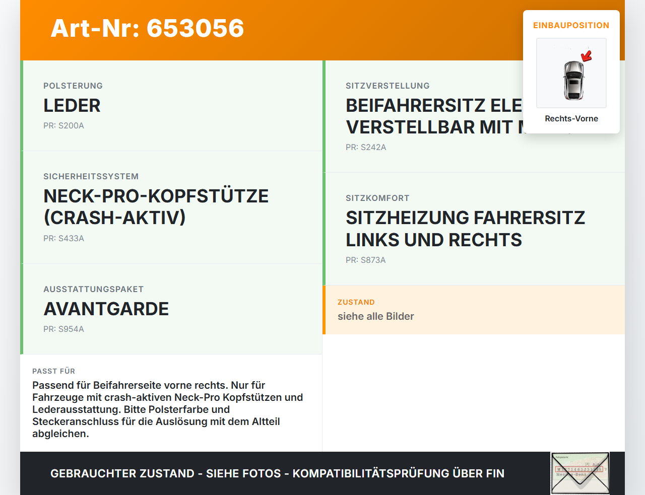 Mercedes S211 W211 E280 02-06 Kombi Kopfstütze für Beifahrer Sitz Rechts Vorne Crash Aktiv Mercedes S211 W211 E280... Vorschau 3
