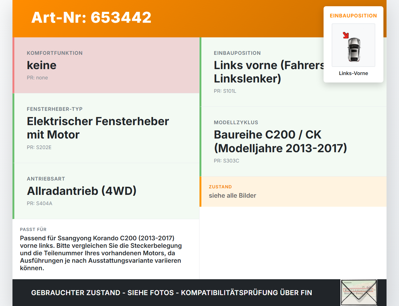 SSangyong Korando CK C200 13-17 Fensterhebermotor mit Fensterheber Links Vorne SSangyong Korando CK C200 13-17... Vorschau 3