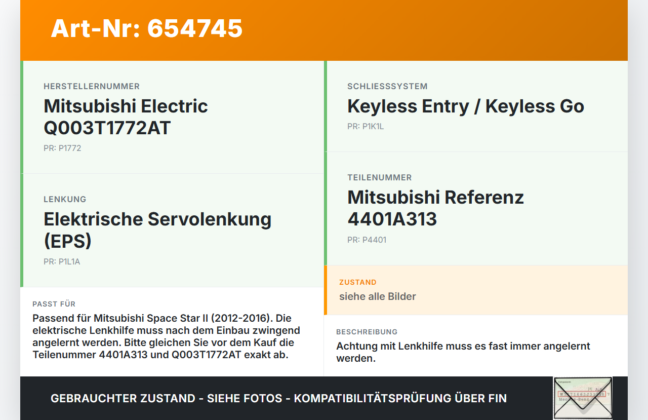 Mitsubishi Space Star II 12-16 Lenkhilfe elektr. Mitsubishi Space Star II 12-16 13.01.2015 JJ301-001700 gebraucht Vorschau 3