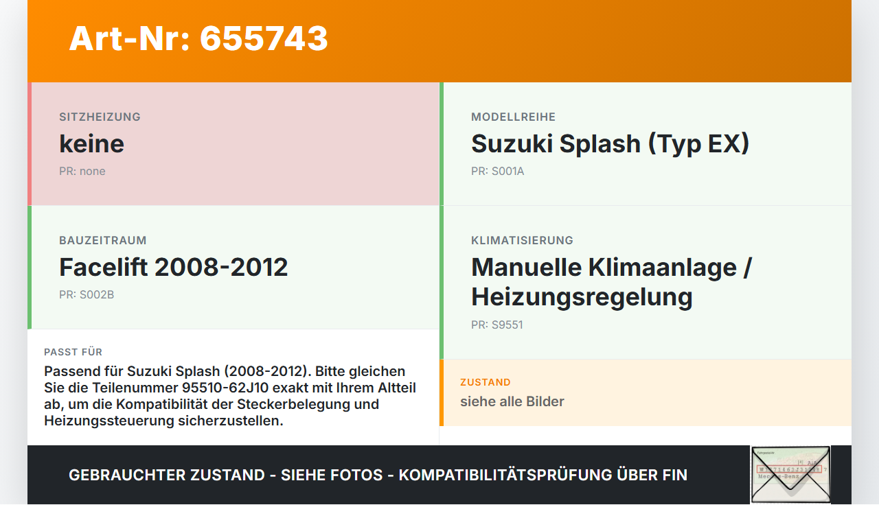 Suzuki Splash EX 08-12 Steuergerät ECU Modul Heizungskontrolle Suzuki Splash EX 08-12 15.05.2008 95510-62J10 gebraucht Vorschau 3