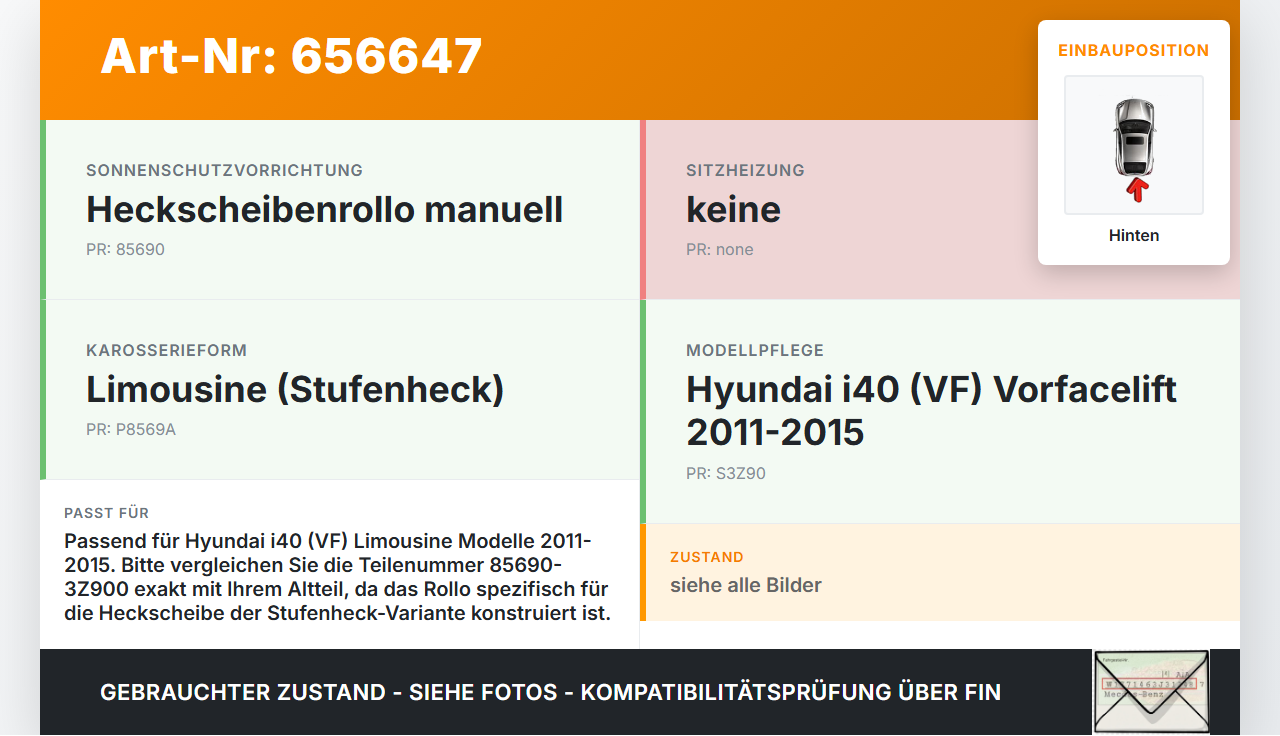 Hyundai I40 VF 11-15 Sonnenschutzrollo Rollo für Heckscheibe Hinten Hyundai I40 VF 11-15 12.11.2012 85690-3Z900... Vorschau 3