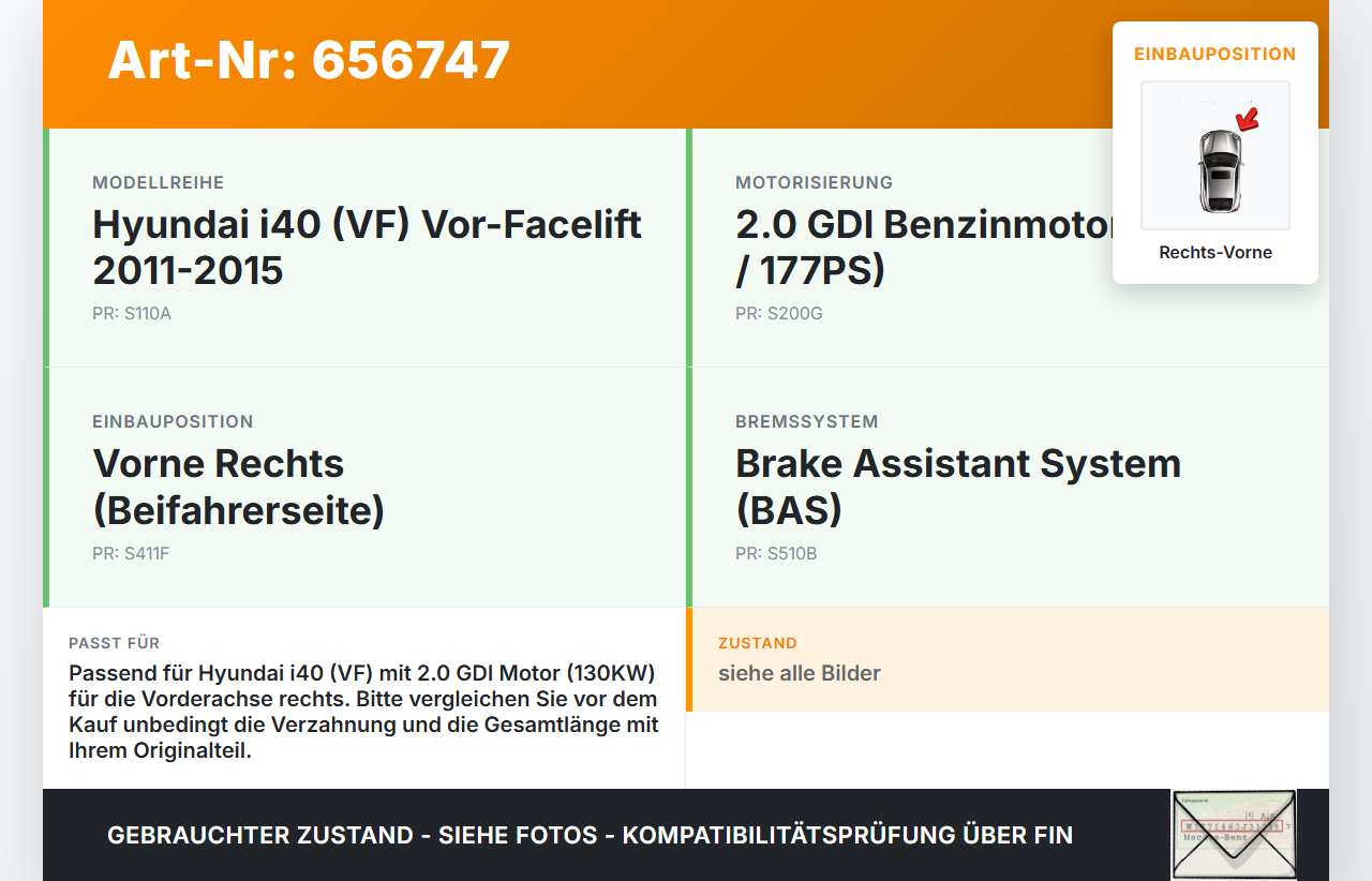 Hyundai I40 VF 11-15 GDI 2,0 130KW Antriebswelle Gelenkwelle Rechts Vorne Hyundai I40 VF 11-15 12.11.2012... Vorschau 3