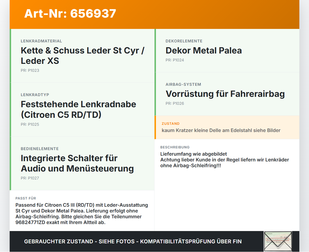 Citroen C5 RD TD 08-10 Lenkrad Airbaglenkrad Citroen C5 RD TD 08-10 18.06.2008 96824771ZD CA102342ZD gebraucht Vorschau 3
