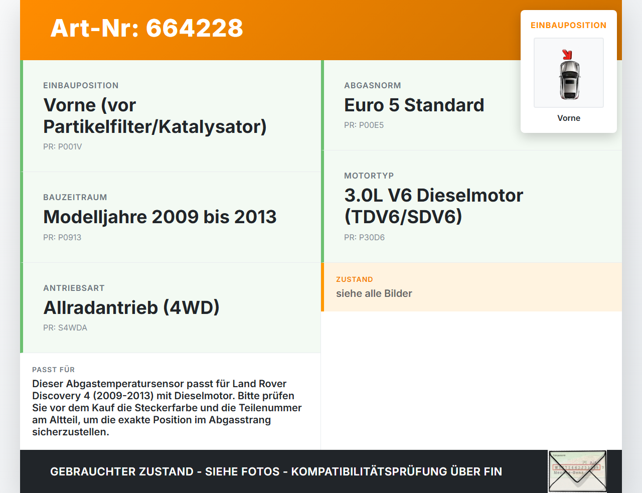 Land Rover Discovery 4 IV 09-13 SDV6 3,0TD 180KW Sensor Abgastemperatursensor Abgassonde Vorne Land Rover Discovery... Vorschau 3