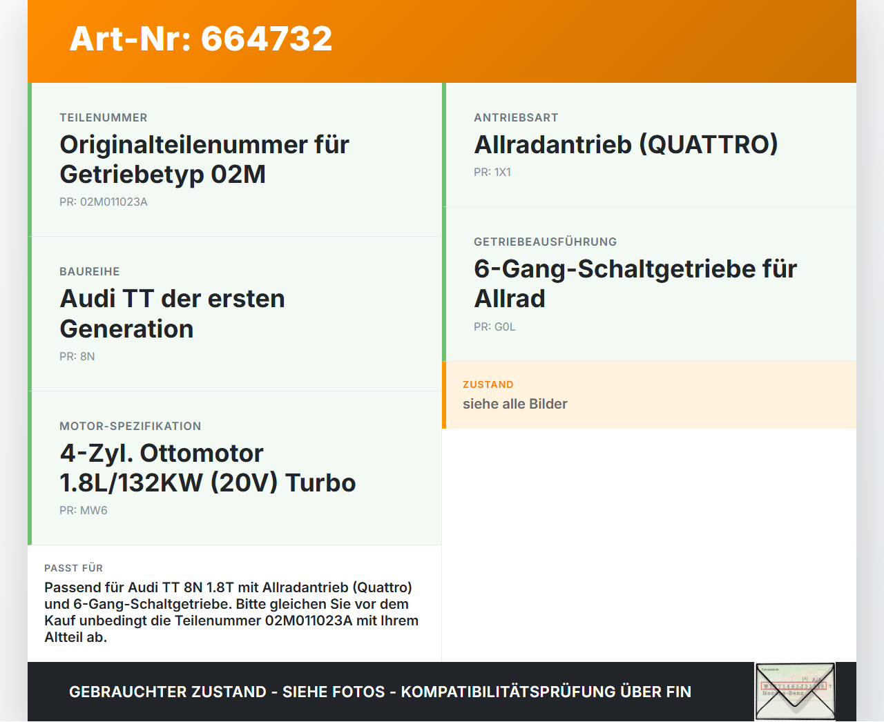 Audi TT 8N QU 98-00 1,8 132KW Anlasser Starter Audi TT 8N QU 98-00 17.06.1999 0001125018 02M011023A gebraucht Vorschau 3