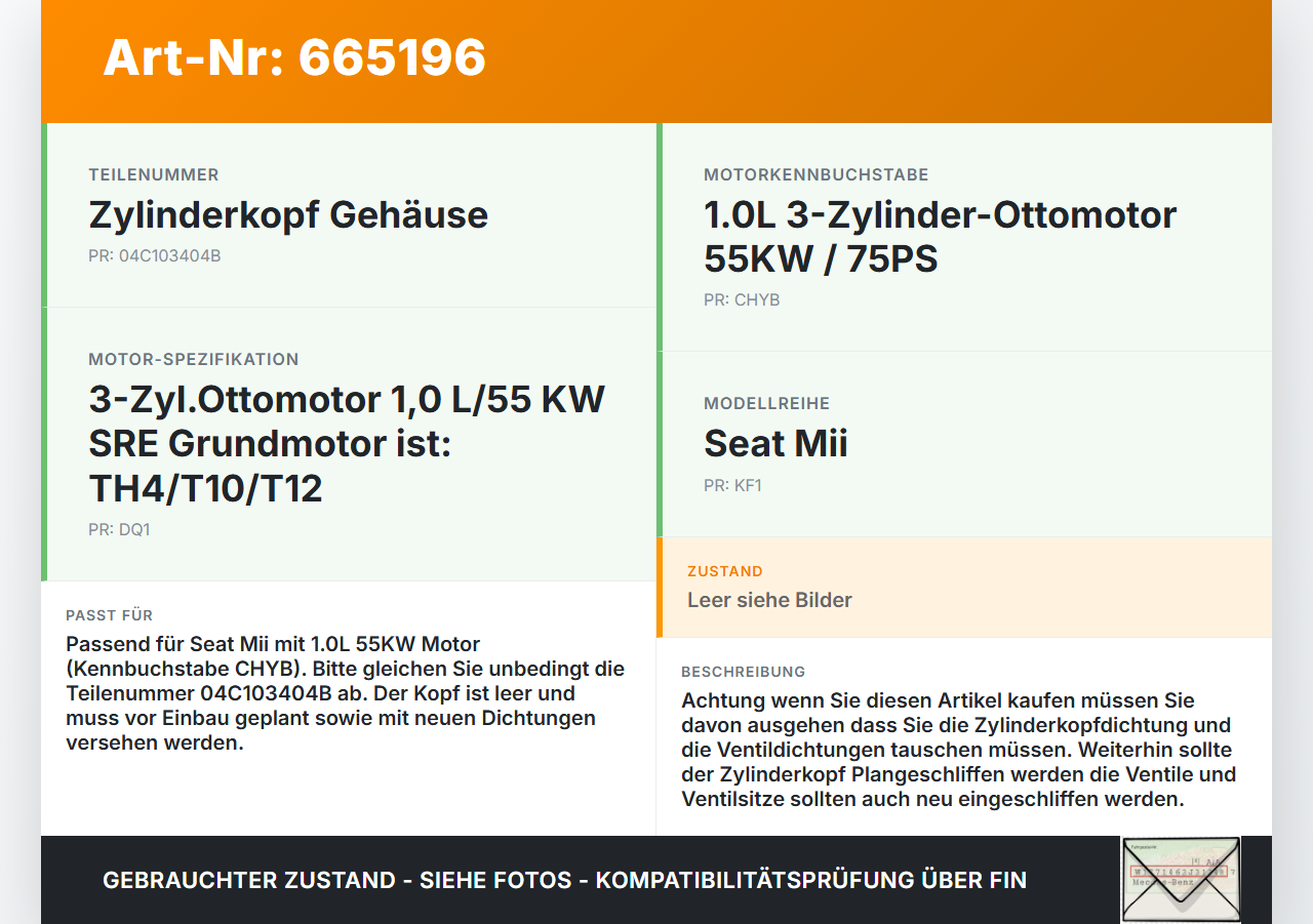 Seat Mii KF1 11-16 1,0 55KW CHYB Zylinderkopf Leer Seat Mii KF1 11-16 15.11.2012 04C103404B gebraucht Vorschau 3