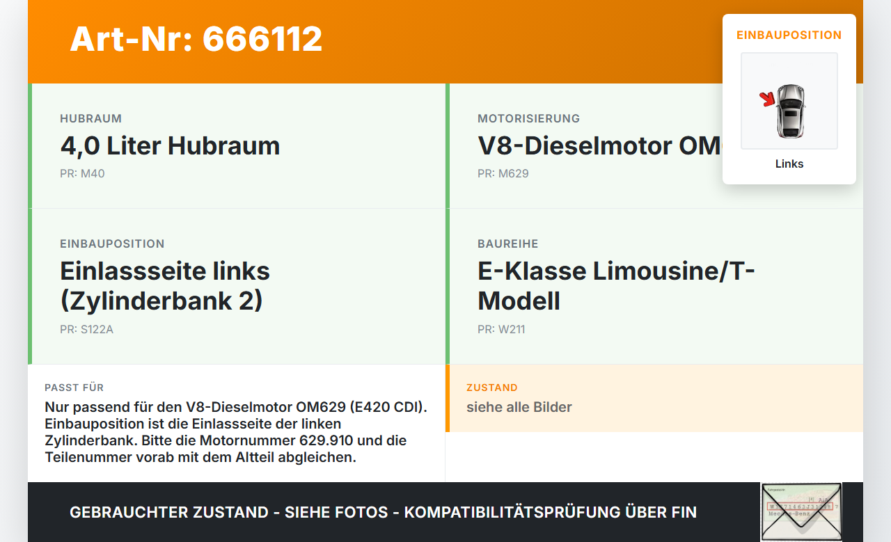 Mercedes W211 E420 03-06 CDI 4,0 231KW 629910 Nockenwelle Einlass Links Mercedes W211 E420 03-06 18.08.2005... Vorschau 3