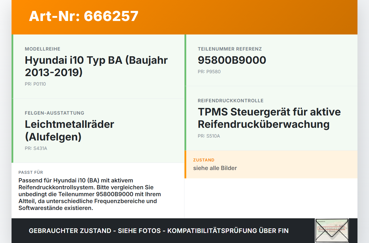 Hyundai I10 BA 13-19 Steuergerät ECU Modul Reifendruckkontrolle Hyundai I10 BA 13-19 01.03.2017 95800B9000... Vorschau 3