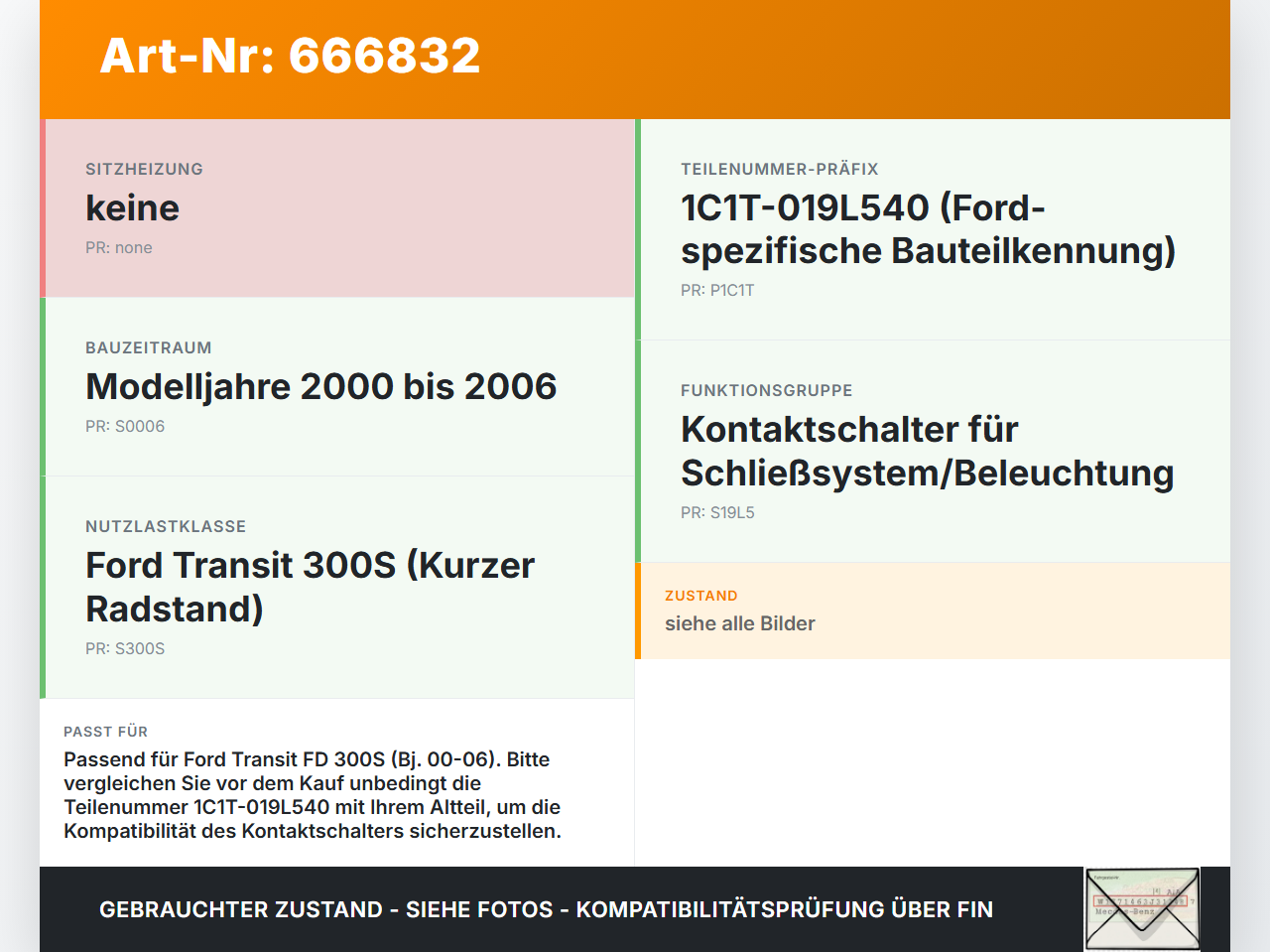 Ford Transit FD 300S 00-06 Kontaktschalter Schalter Ford Transit FD 300S 00-06 27.03.2002 1C1T-019L540 gebraucht Vorschau 3
