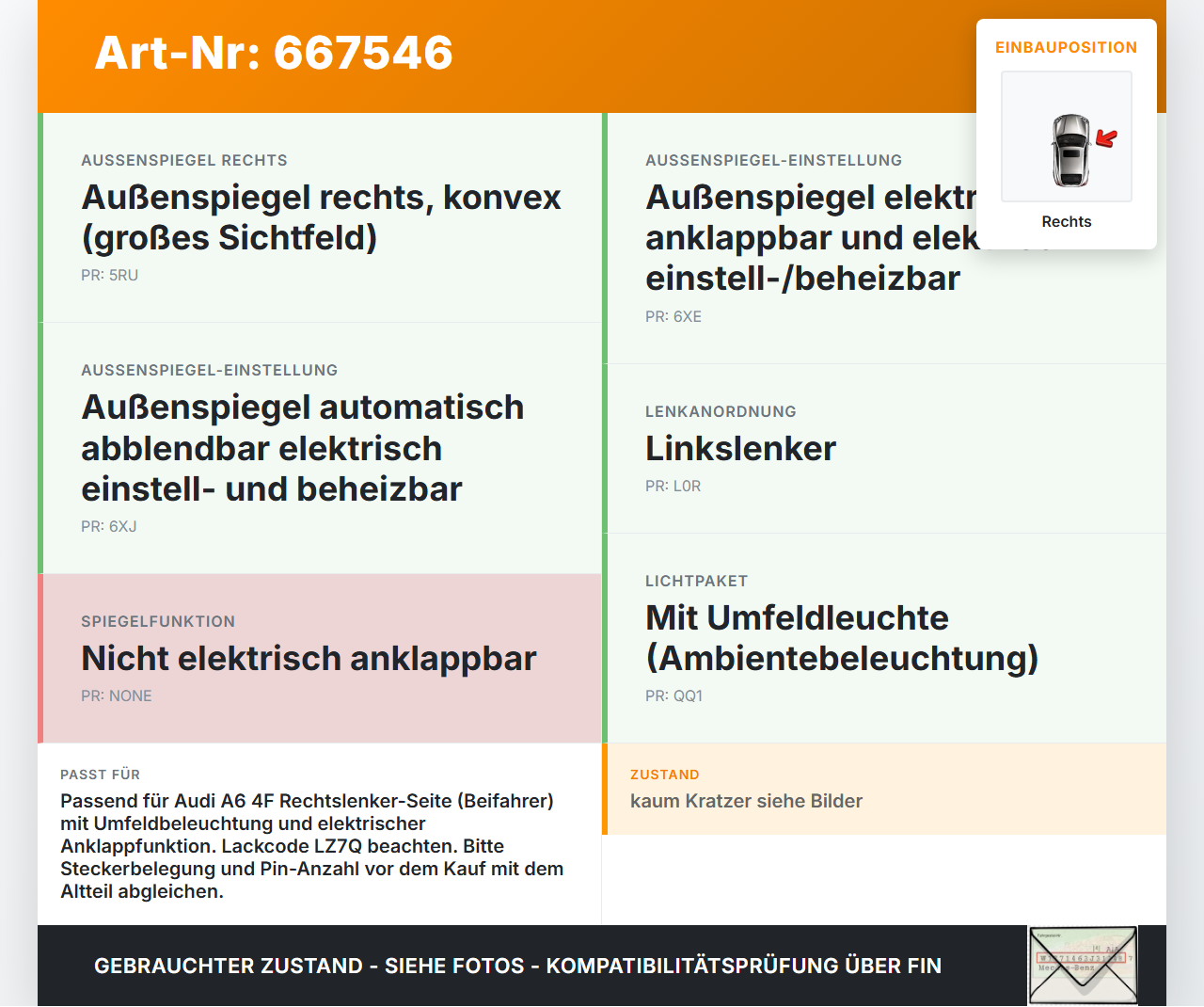 Audi A6 4F C6 04-08 Spiegel Aussenspiegel Rechts Umfeldleuchte Elektrochrom LZ7Q Audi A6 4F C6 04-08 19.08.2005... Vorschau 3
