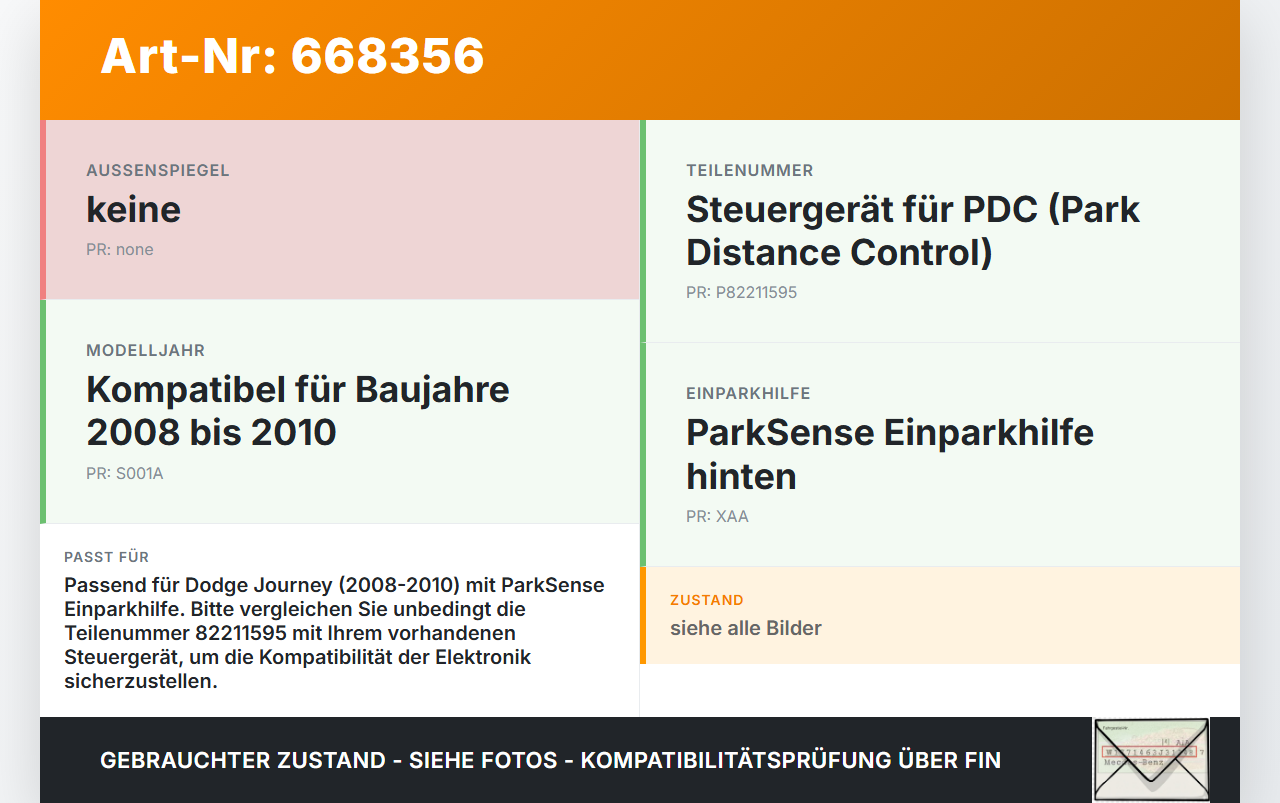 Dodge Journey 08-10 Steuergerät ECU Modul Einparkhilfe PDC SG Dodge Journey 08-10 04.05.2010 82211595 4M0174D2H... Vorschau 3