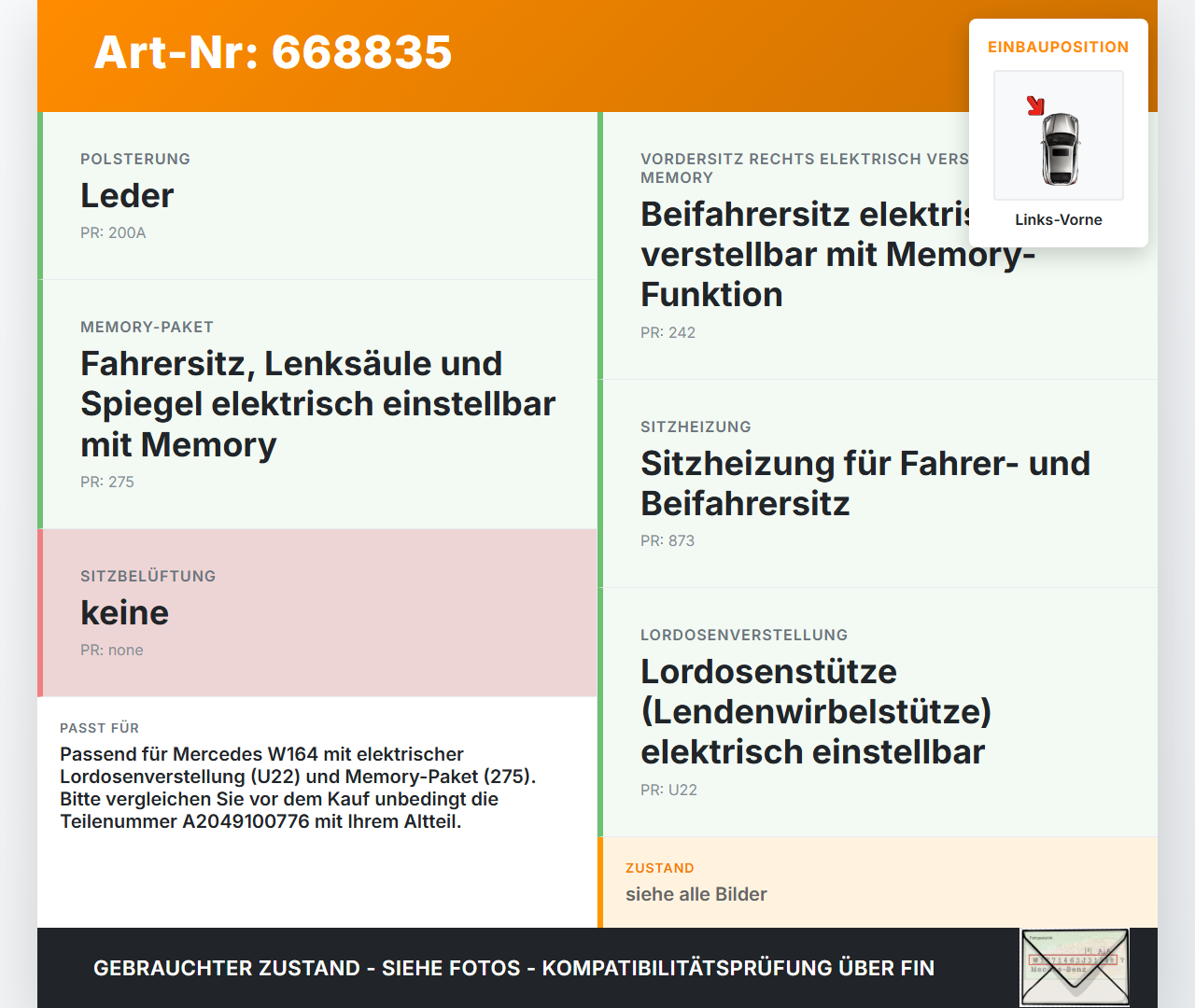 Mercedes W164 ML420 05-09 CDI 4,0 225KW Lordosenkissen Links Vorne Mercedes W164 ML420 05-09 21.02.2008 A2049100776... Vorschau 3