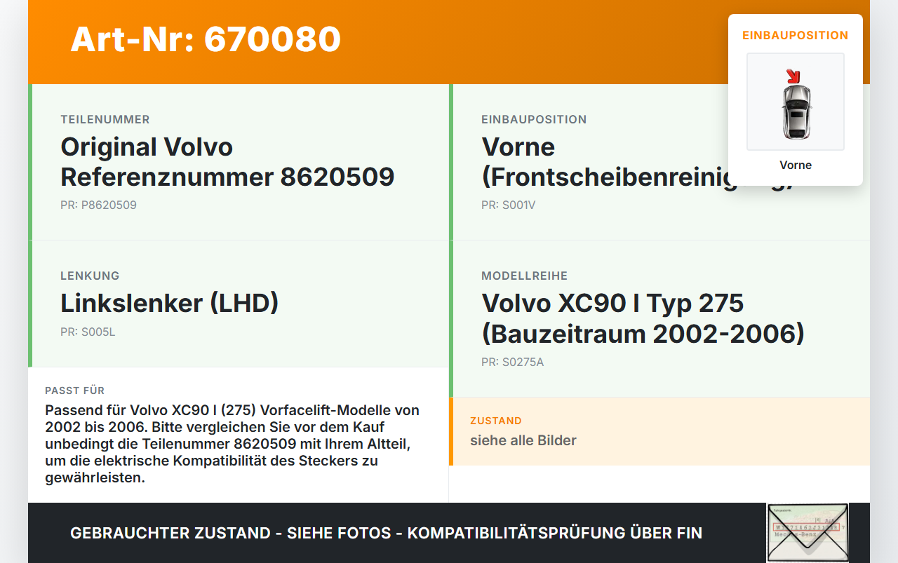 Volvo XC90 I 275 02-06 Wischermotor mit Wischergestänge Vorne Volvo XC90 I 275 02-06 19.05.2004 8620509 gebraucht Vorschau 3