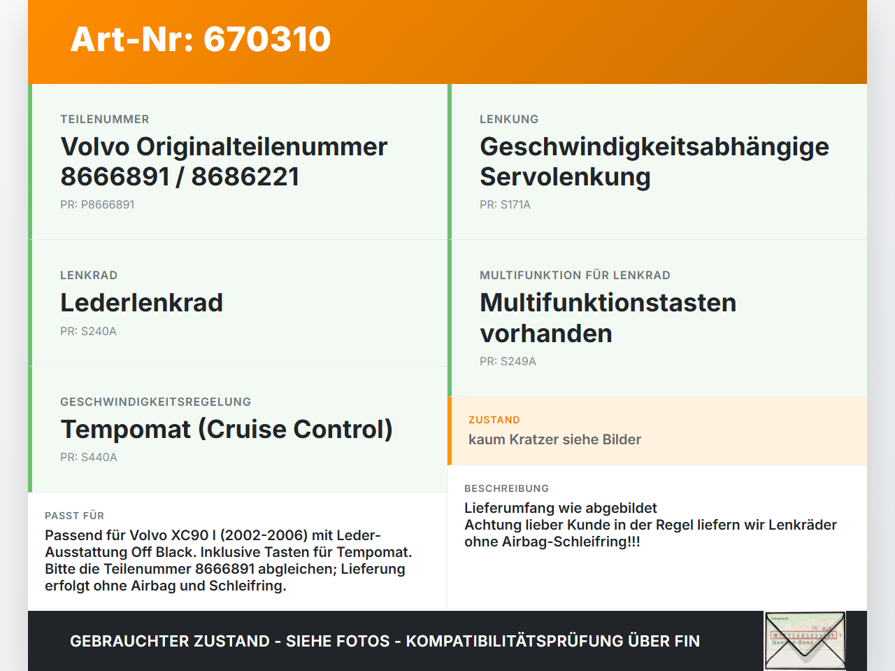 Volvo XC90 I 275 02-06 Lenkrad Airbaglenkrad Volvo XC90 I 275 02-06 19.05.2004 8666891 8686221 gebraucht Vorschau 3