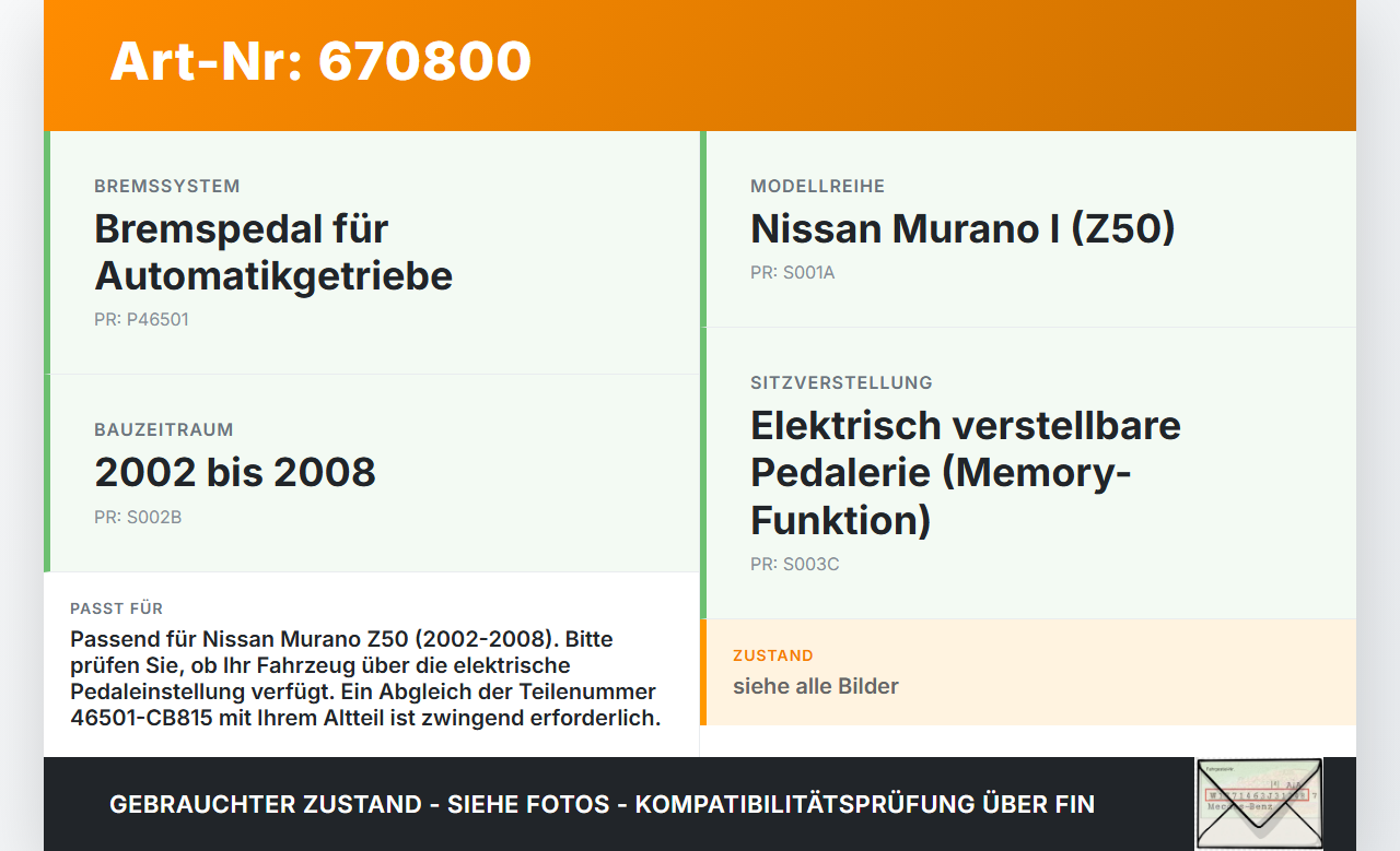Nissan Murano I Z50 02-08 Bremse Bremspedal Pedal Nissan Murano I Z50 02-08 20.04.2006 46501-CB815 gebraucht Vorschau 3
