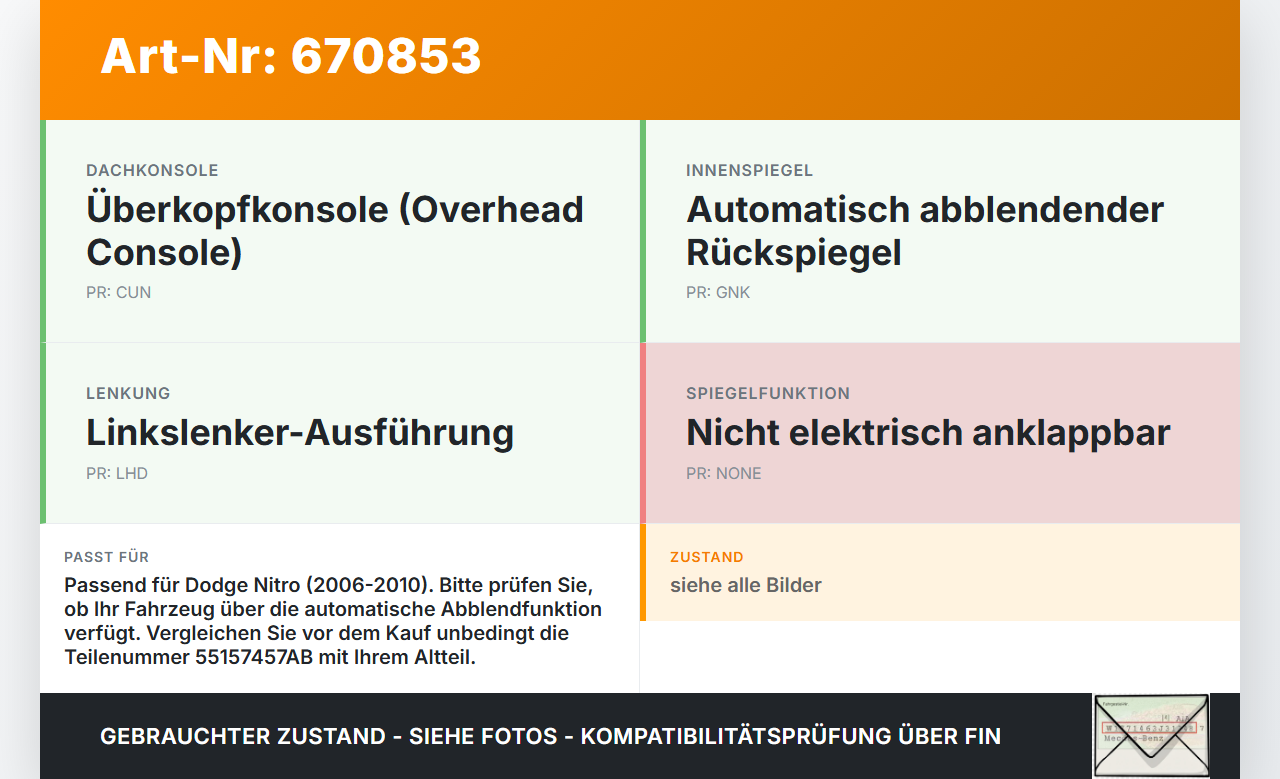 Dodge Nitro 06-10 Innenspiegel Rückspiegel Spiegel Innen Dodge Nitro 06-10 01.06.2008 55157457AB 905-1793 gebraucht Vorschau 3