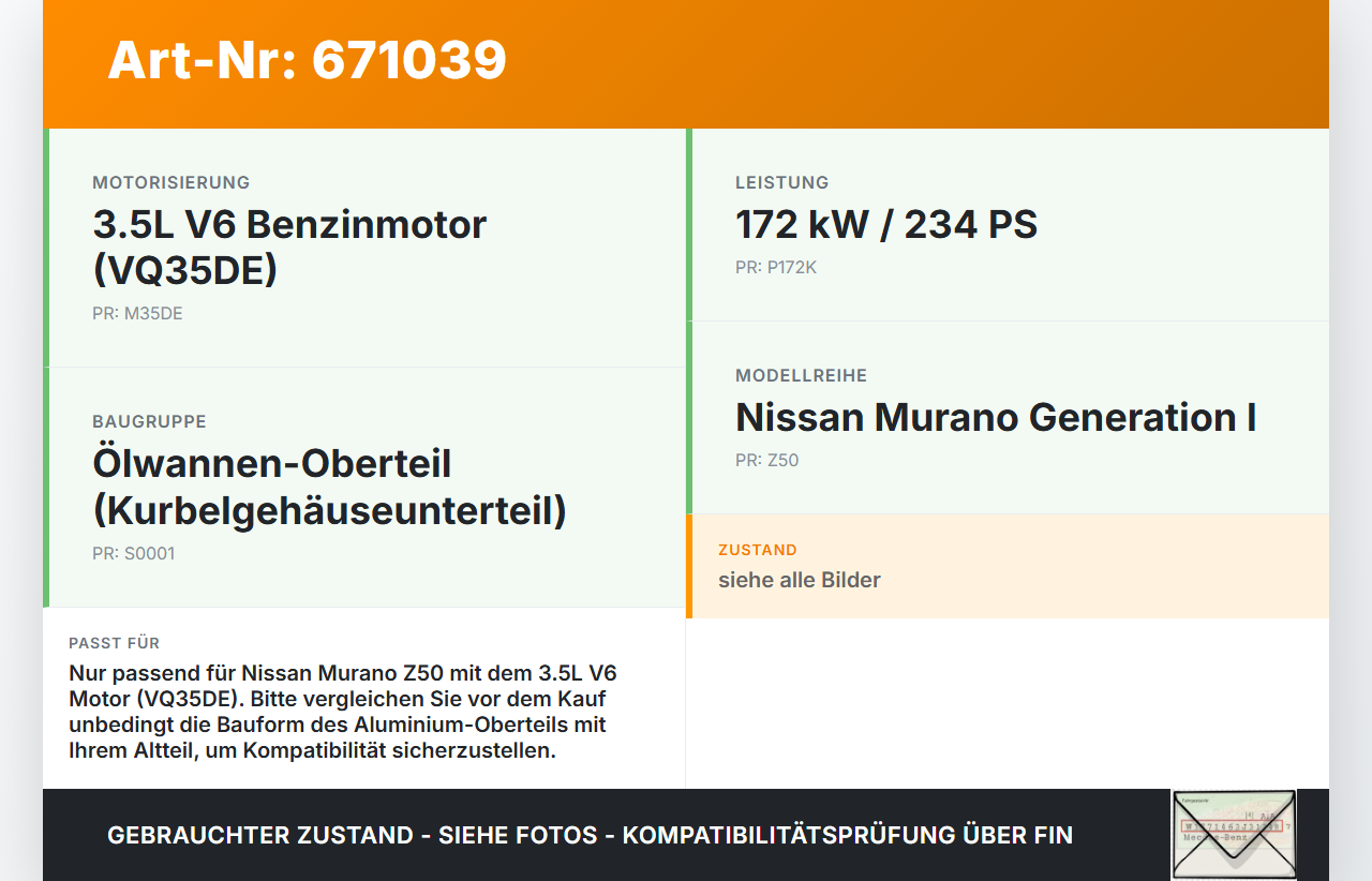 Nissan Murano I Z50 02-08 3,5 172KW Oberteil für Ölwanne Motorwanne Nissan Murano I Z50 02-08 20.04.2006 gebraucht Vorschau 3