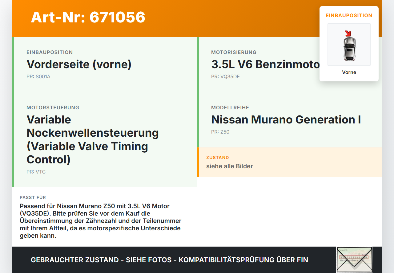 Nissan Murano I Z50 02-08 3,5 172KW BW9 Zahnrad für Nockenwelle Nockenwellenversteller Vorne Nissan Murano I Z50... Vorschau 3