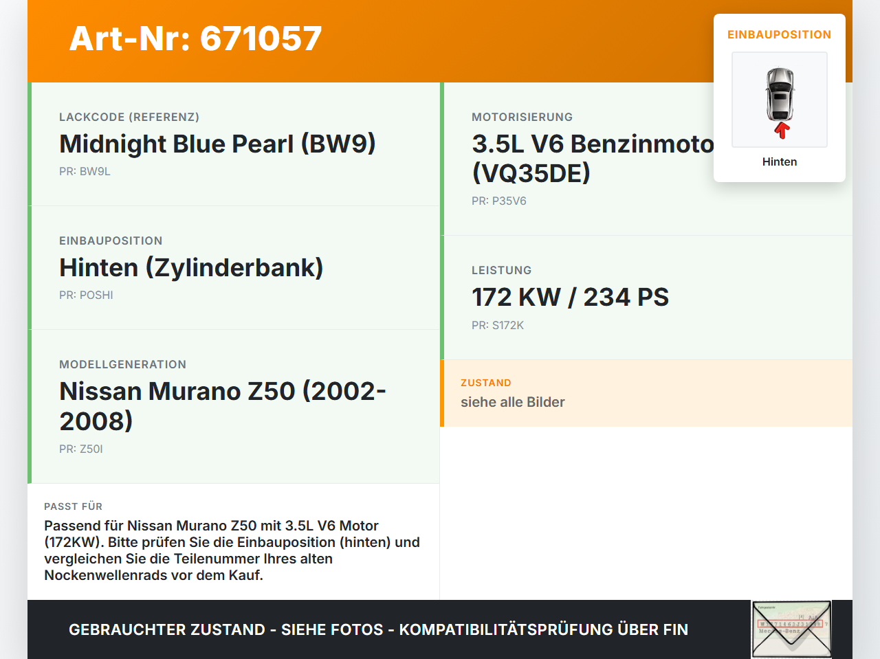 Nissan Murano I Z50 02-08 3,5 172KW BW9 Zahnrad für Nockenwellenverstellung Hinten Nissan Murano I Z50 02-08... Vorschau 3