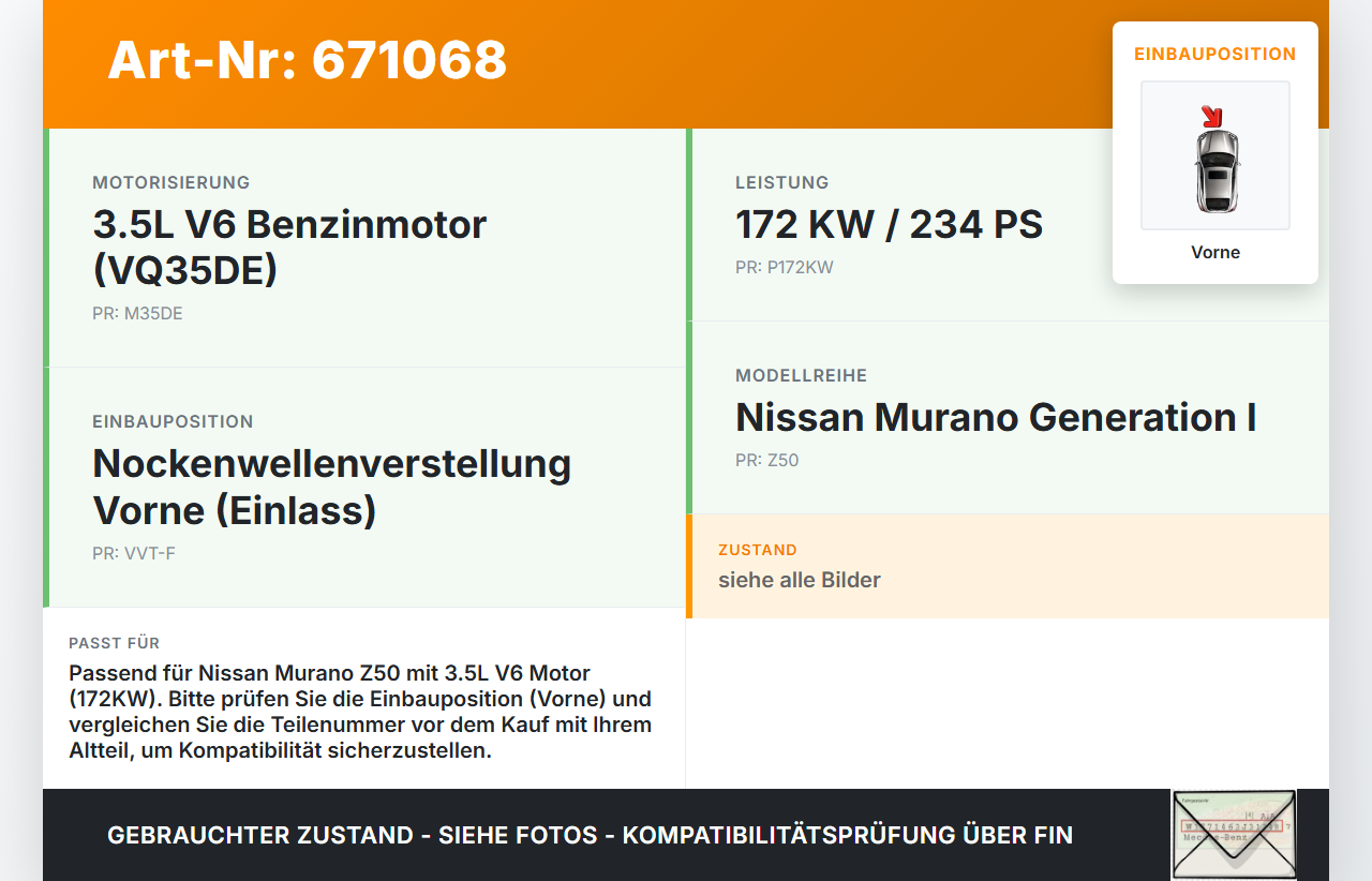 Nissan Murano I Z50 02-08 3,5 172KW Nockenwellenverstellung Vorne Nissan Murano I Z50 02-08 20.04.2006 gebraucht Vorschau 3