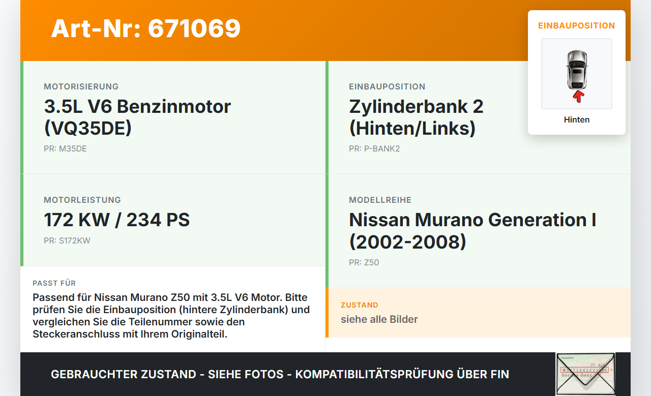Nissan Murano I Z50 02-08 3,5 172KW Stellantrieb für Nockenwelle Hinten Nissan Murano I Z50 02-08 20.04.2006 gebraucht Vorschau 3