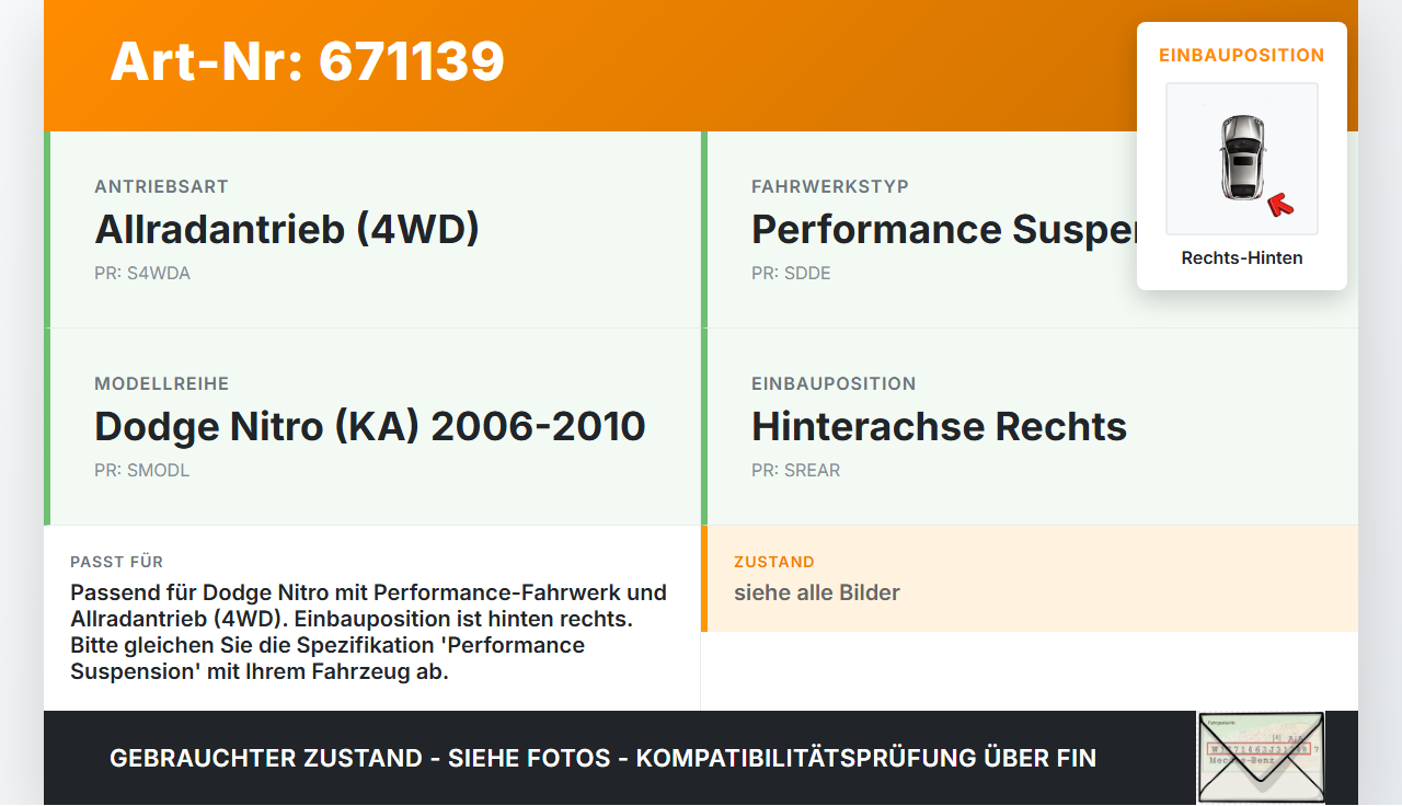 Dodge Nitro 06-10 Stossdämpfer Rechts Hinten Performance Suspension Dodge Nitro 06-10 01.06.2008 gebraucht Vorschau 3