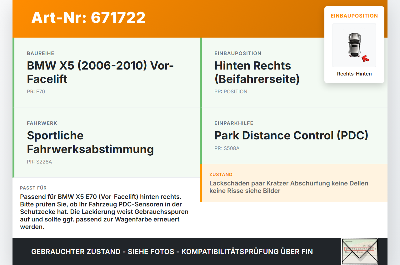 BMW X5 35d E70 06-10 Schutzecke für Stoßstange Stoßfänger Hinten Rechts BMW X5 35d E70 06-10 13.08.2007 gebraucht Vorschau 3