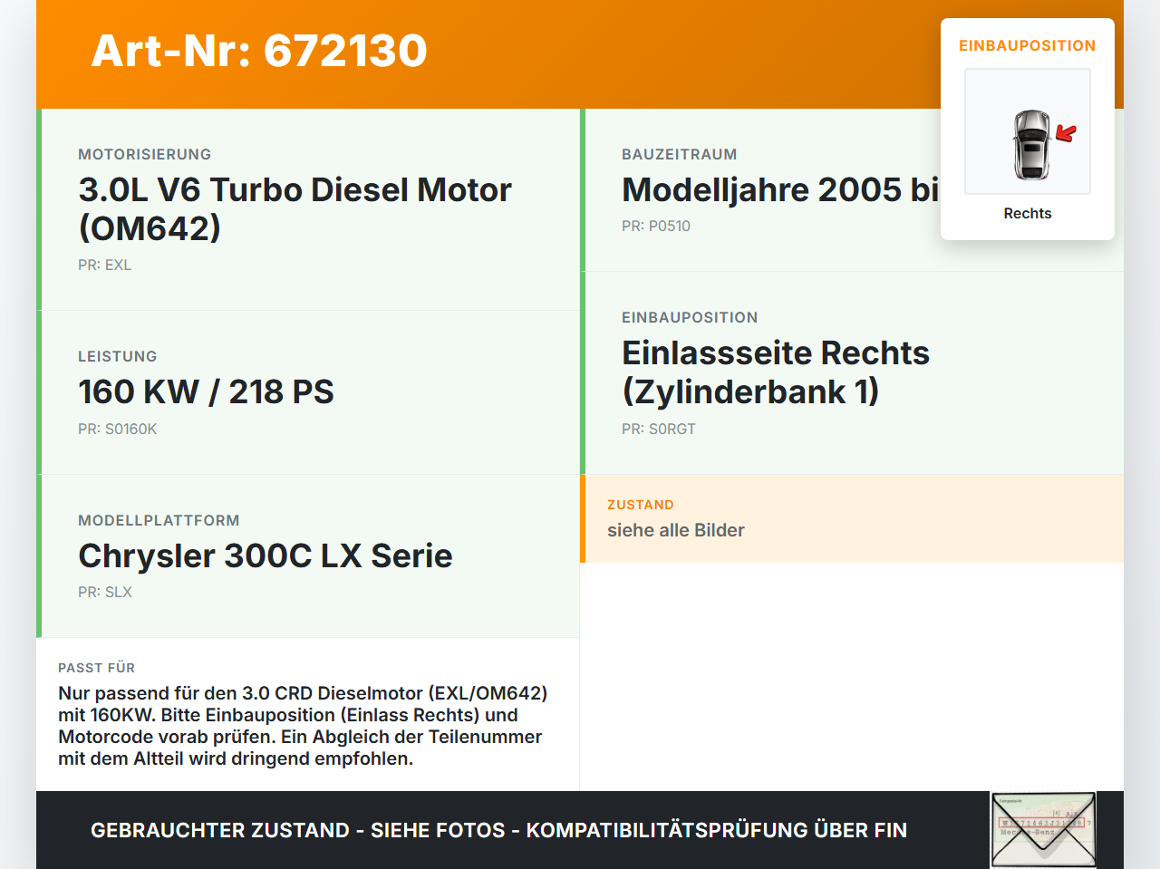Chrysler 300C LX 05-10 CRD 3,0 160KW EXL Nockenwelle Einlass Rechts Chrysler 300C LX 05-10 10.03.2006 gebraucht Vorschau 3